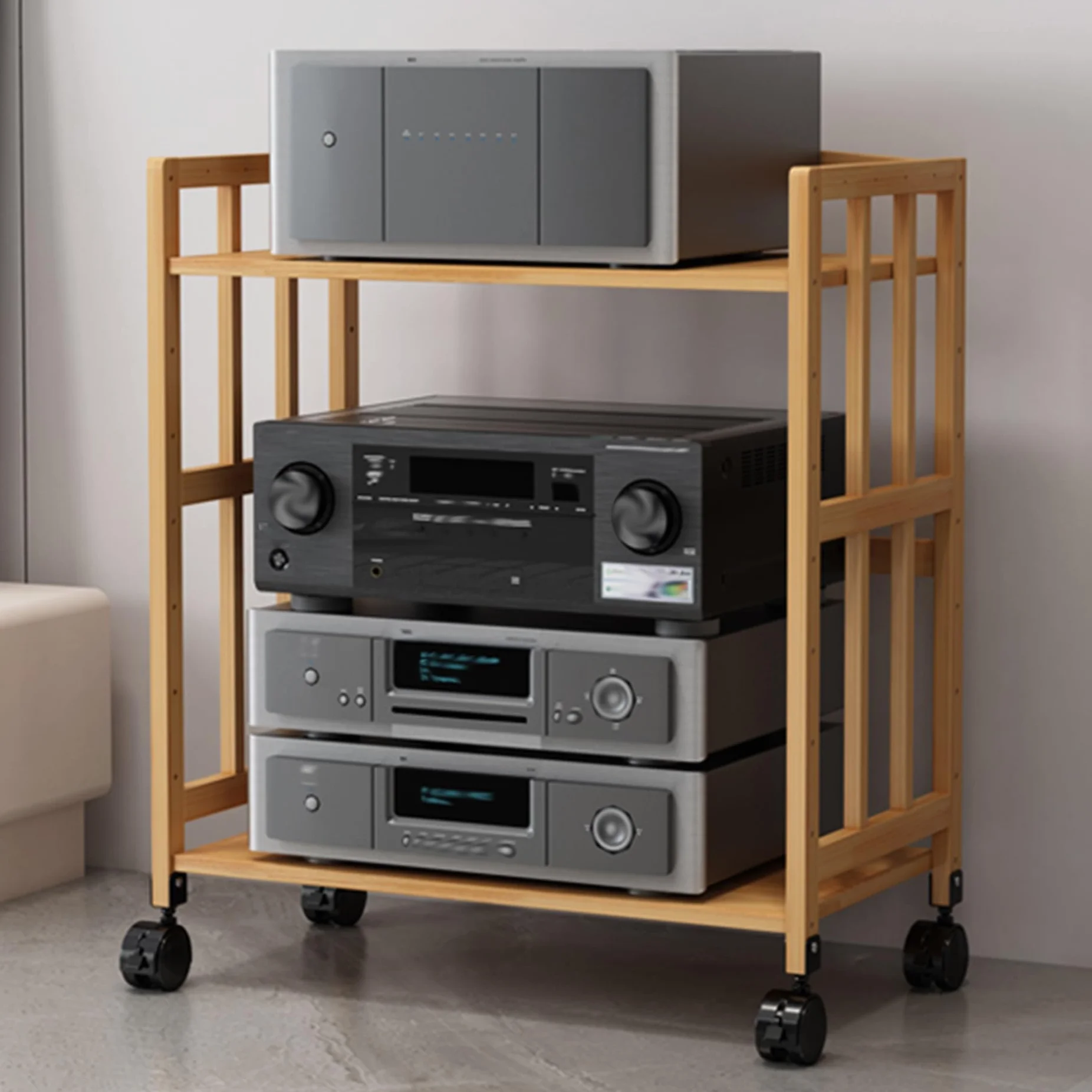 Multimedialny stojak AV 2/3-poziomowa drewniana szafka pod telewizor półka na drukarkę stereo do przechowywania płyt CD/DVD konsole do gier i routera, naturalne wykończenie, 50 x 30 cm