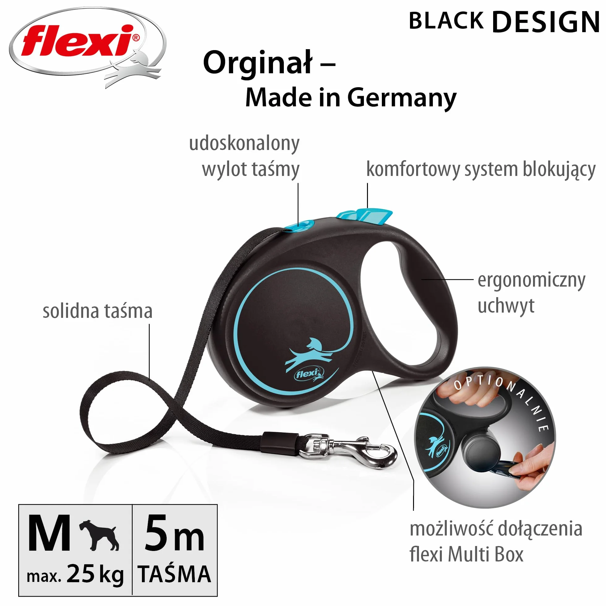 Flexi smycz automatyczna Black Design taśma M 5m niebieska