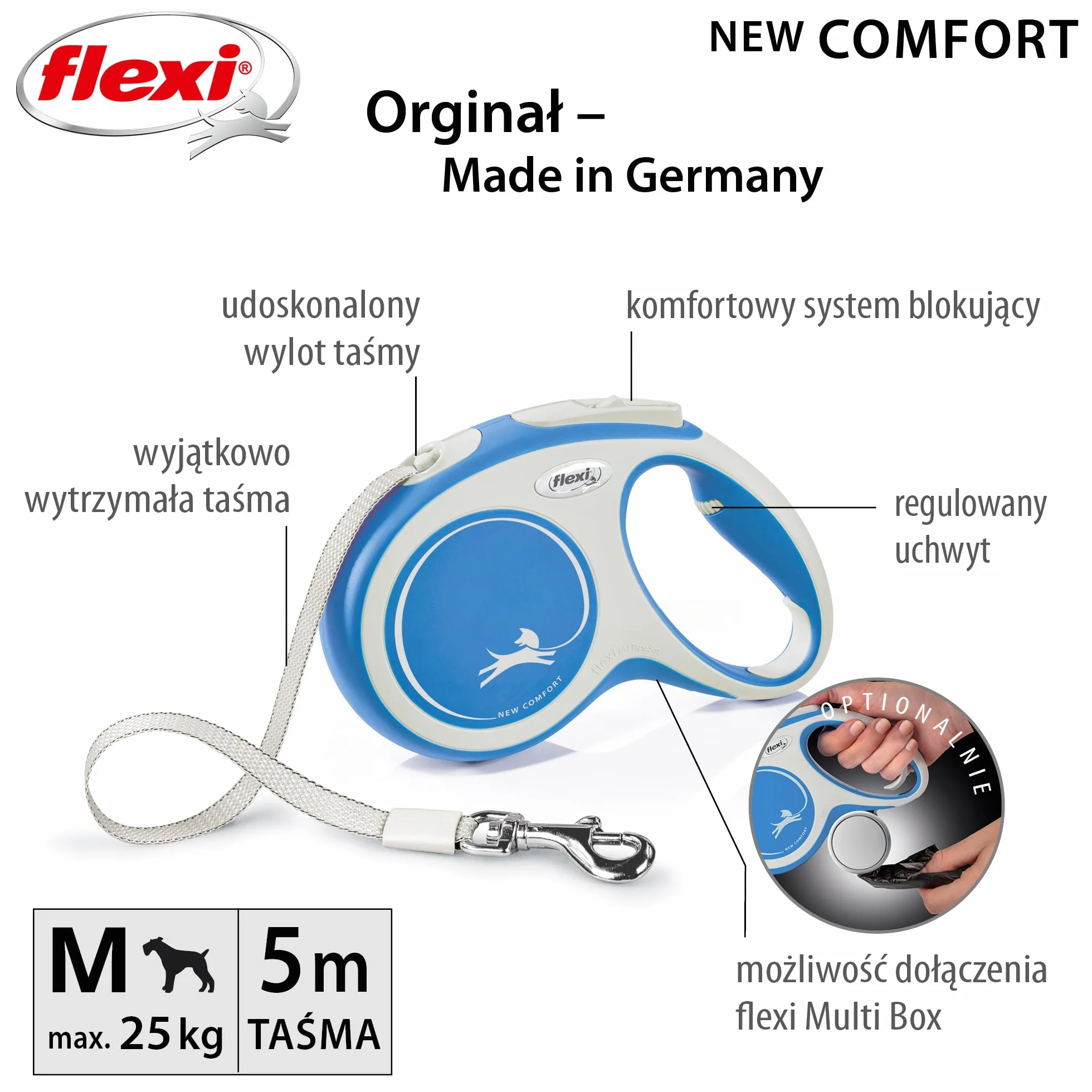 Kerbl Flexi smycz New Comfort smycz na kółkach, smycz dla psa, niebieska, 25 kg