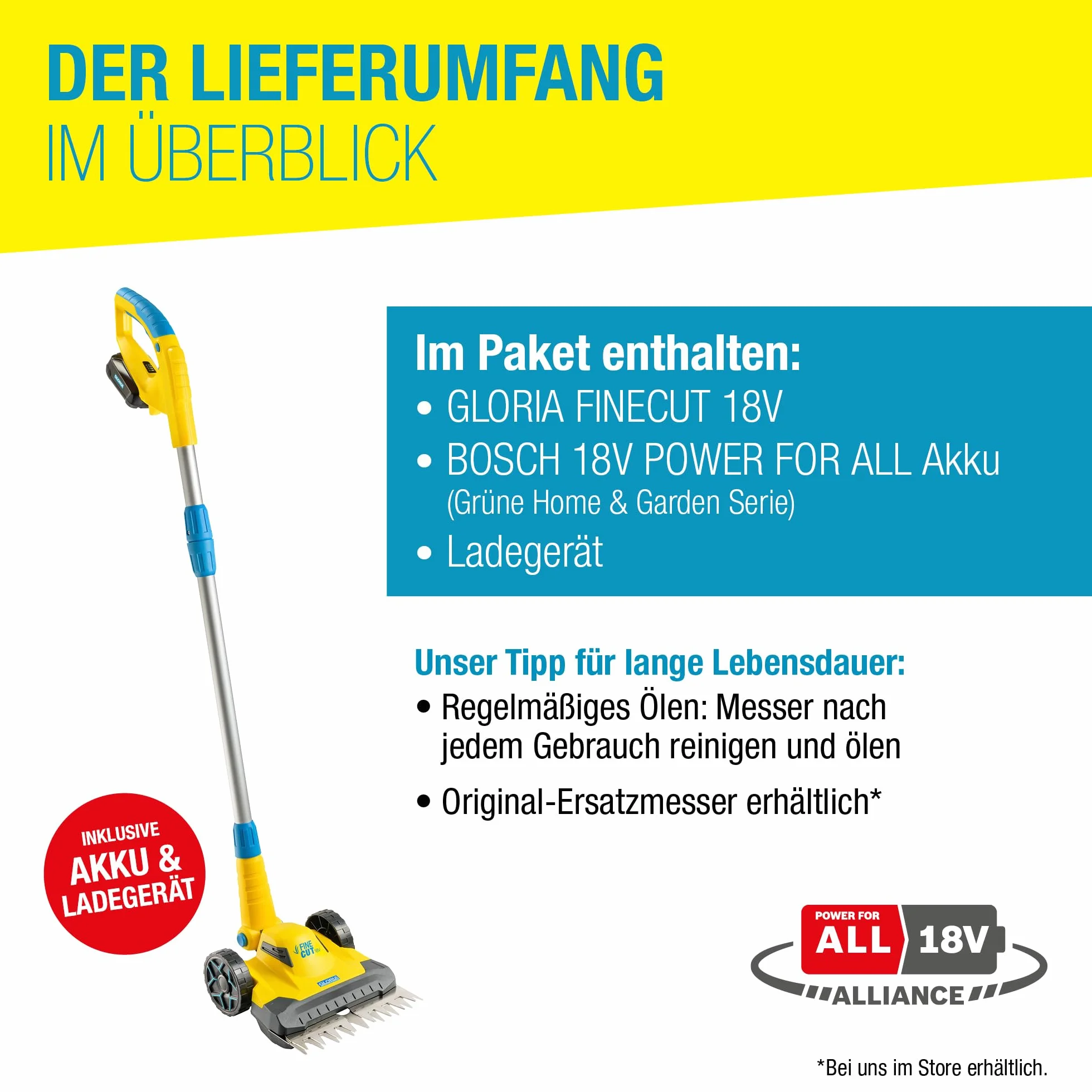 GLORIA Przycinarka akumulatorowa FineCut 18V SET | Z akumulatorem BOSCH 18V i ładowarką | Idealna do kosiarki automatycznej | Szerokość cięcia 25 cm