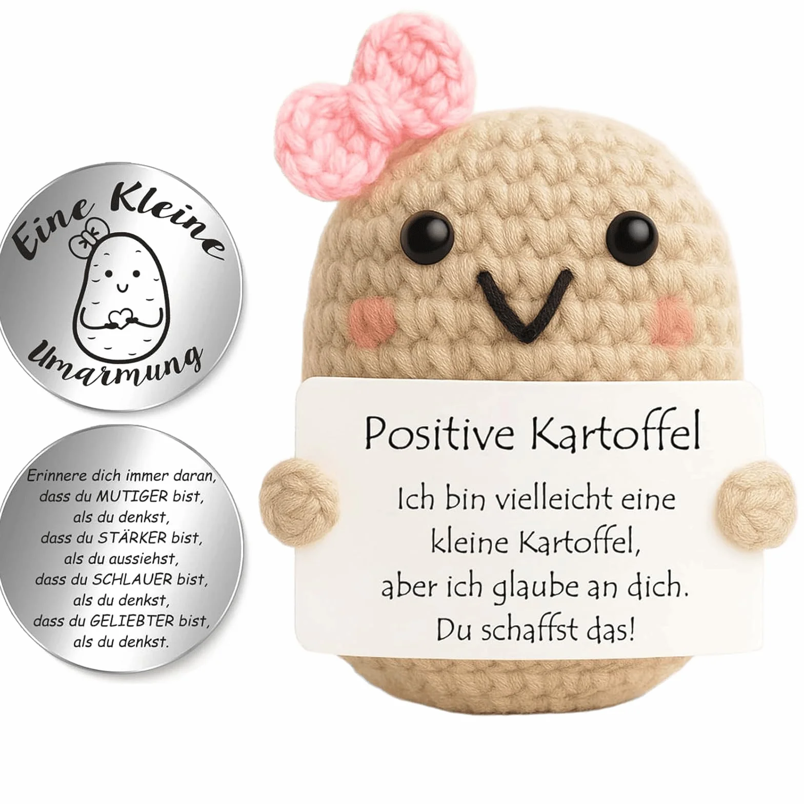 LEMONSTONE Pocket Hug Pozytywna figurka ziemniaczana, ręcznie robiona dzianina, dekoracyjna figurka z małym uściskiem, talizman, srebrna, kreatywna szydełkowana lalka, dla przyjaciół, kolegów z