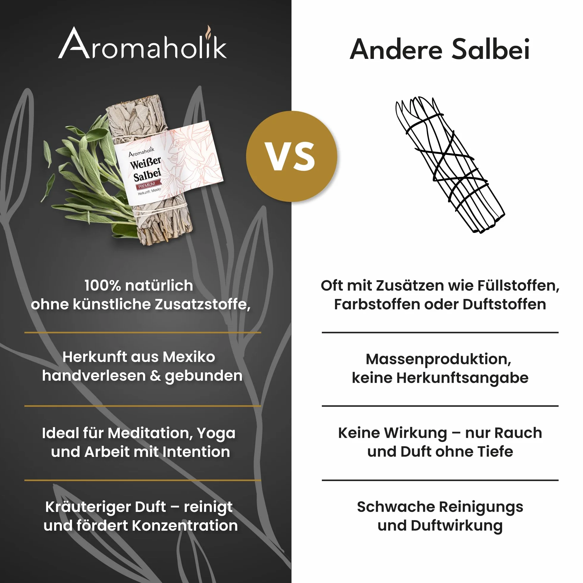 Weißer Salbei zum Räuchern 11 cm – Sage Smudge Stick für Meditation & Rituale, White Sage – Aromaholik