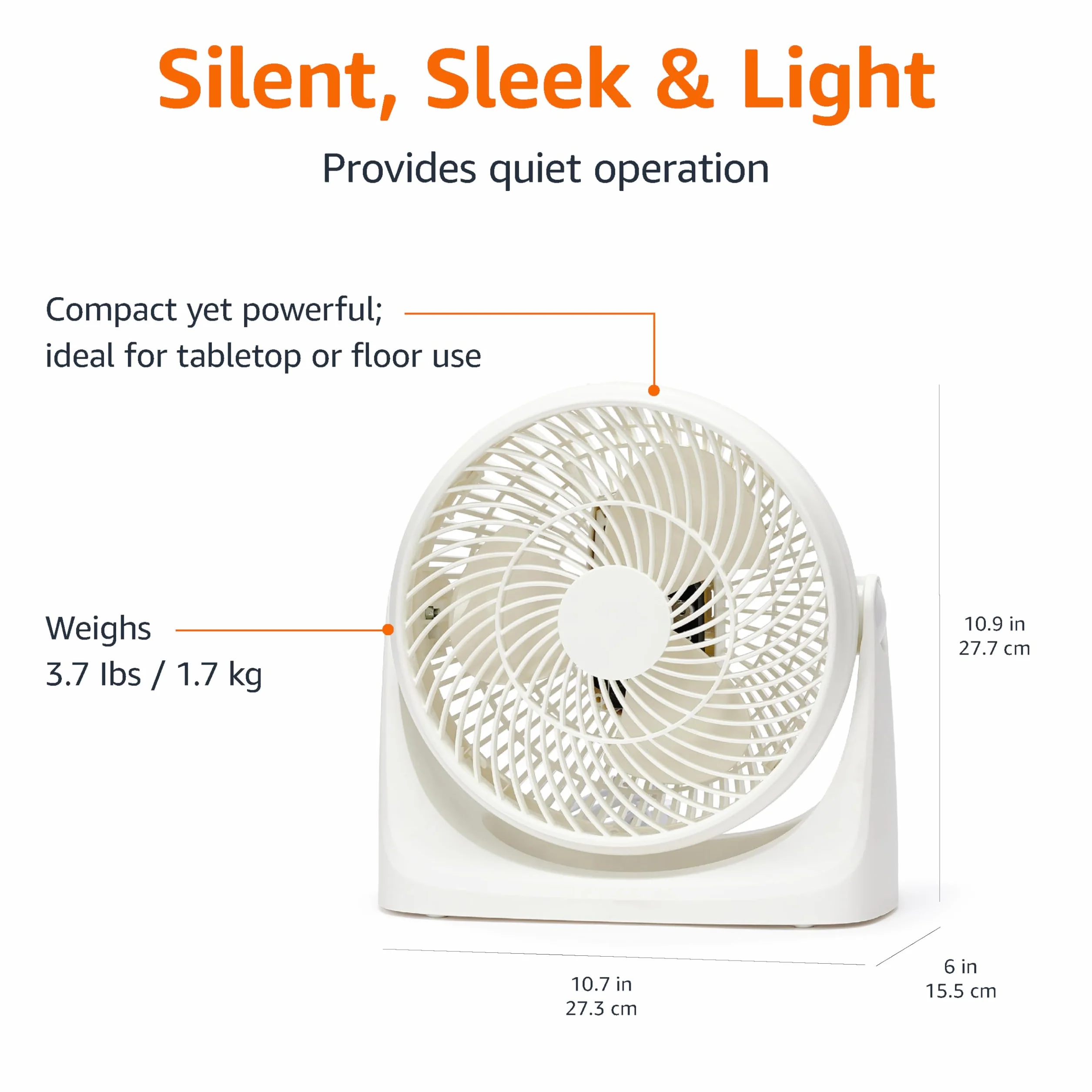 Amazon Basics Przenośny Wentylator Biurkowy, 18 cm, Chłodzenie o Niskim Poziomie Hałasu, 3 Prędkości, Regulacja Kąta w Zakresie 90°, Biały, 15,49 × 27,3 × 27,69 cm
