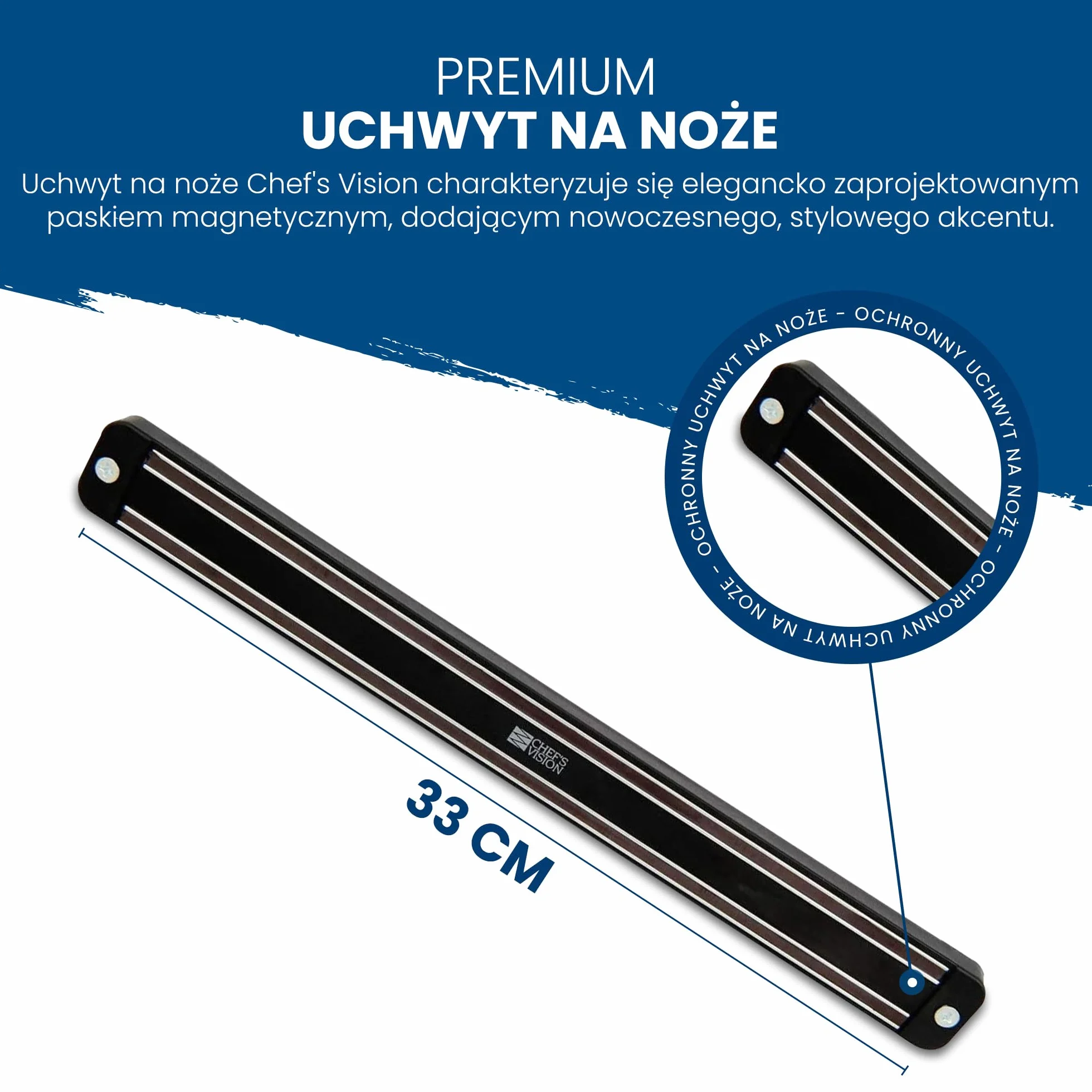 Czarny magnetyczny uchwyt ścienny na noże kuchenne (33,5 cm) - BEHOLD od Chef's Vision - Magnetyczny wieszak na noże kuchenne - Stylowy stojak na noże kuchenne - Idealny do kolorowych noży