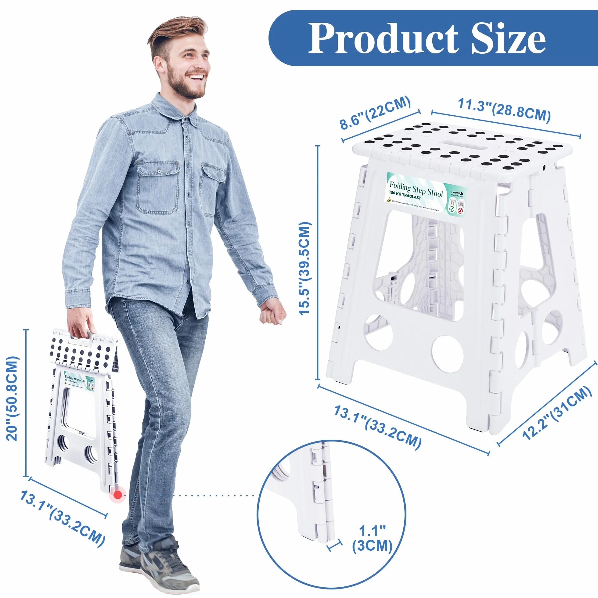 Składany stołek 40 cm, biały, składany stołek, podnóżek
