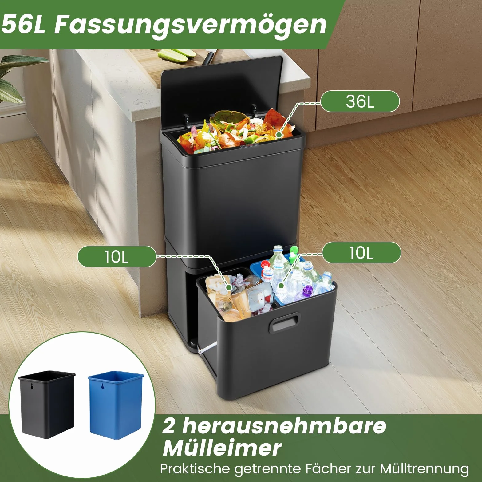 COSTWAY Kosz na śmieci z 3 przegródkami, system segregacji śmieci 56 l, w zestawie 2 wyjmowane pojemniki na odpady, 2 x 10 l + 36 l, elektryczny kosz na śmieci z czujnikiem i pokrywą Softclose, do