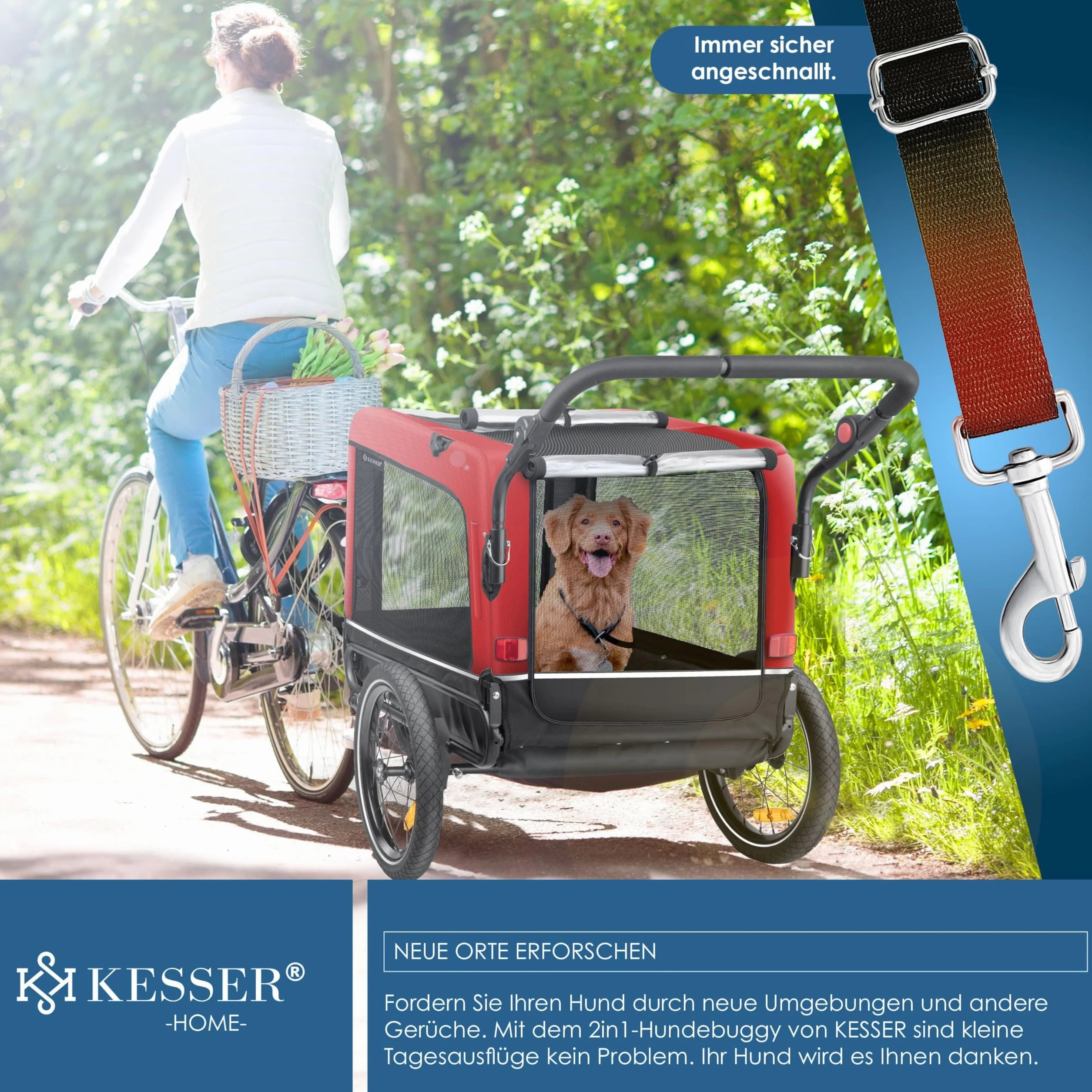 KESSER® Przyczepa dla psa 3 w 1 pies bug & jogger przyczepka rowerowa duża pojemność ok. 240 litrów, sprężyna, materiał: płótno 600D, SmartSpace Concept, maksymalne obciążenie: 40 kg