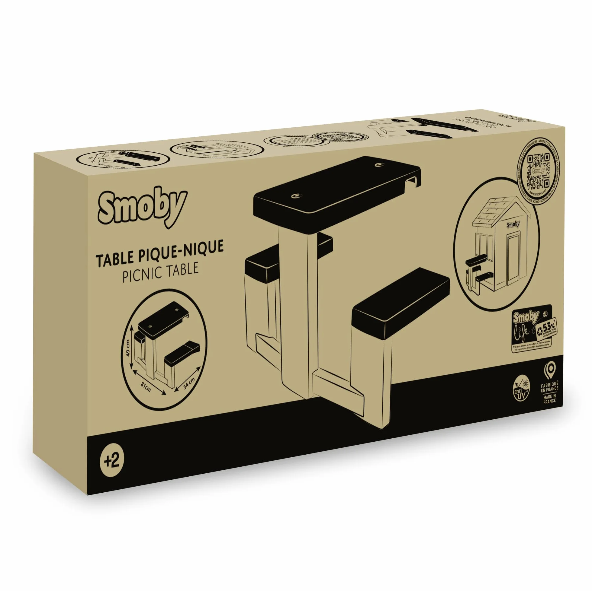 Smoby Life - Stół piknikowy - 2 ławki - Pasuje do wielu domków - Materiał z recyklingu - Od 2 lat - Wyprodukowano we Francji