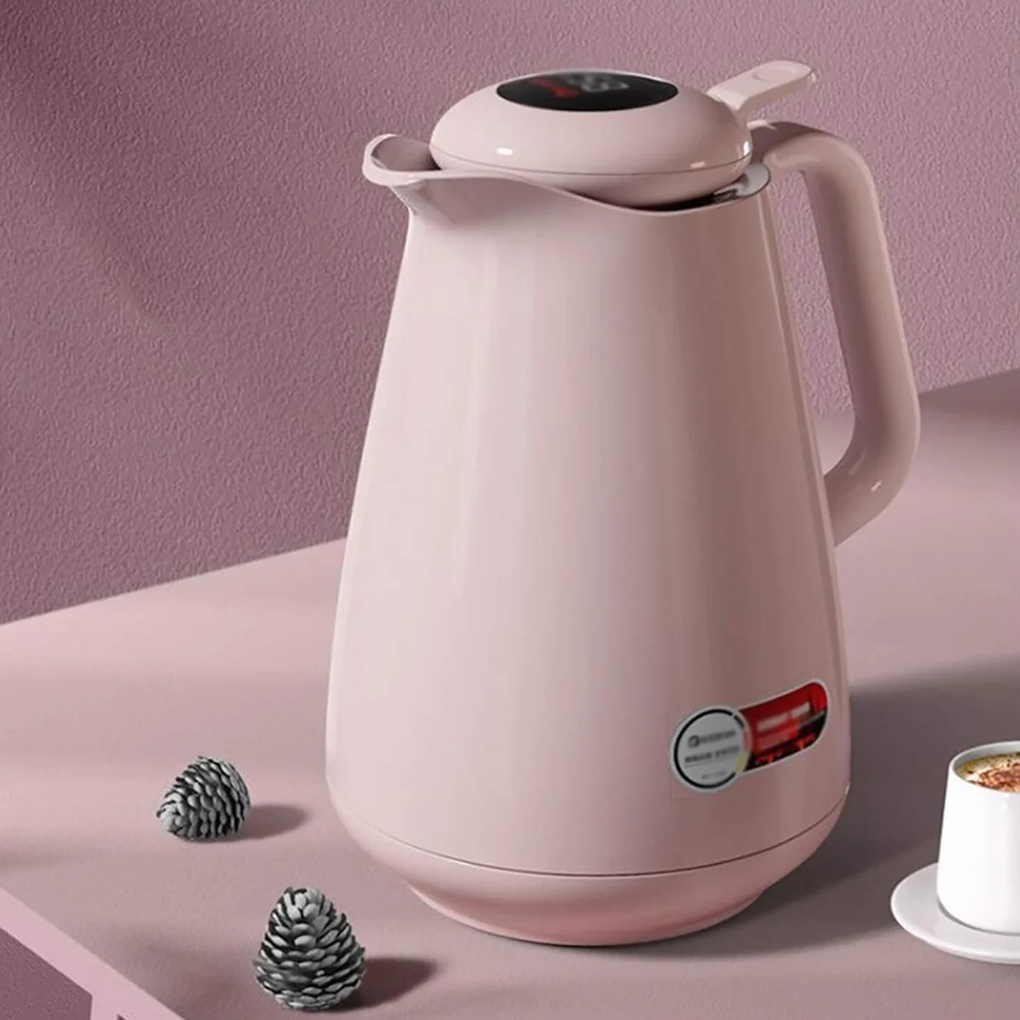 Termiczna karafka do kawy dzbanek do herbaty z pokrywką – dzbanek termiczny 1,5 l – szklana wkładka z wyświetlaczem temperatury – zatrzymywanie ciepła przez 24 godziny (różowy)