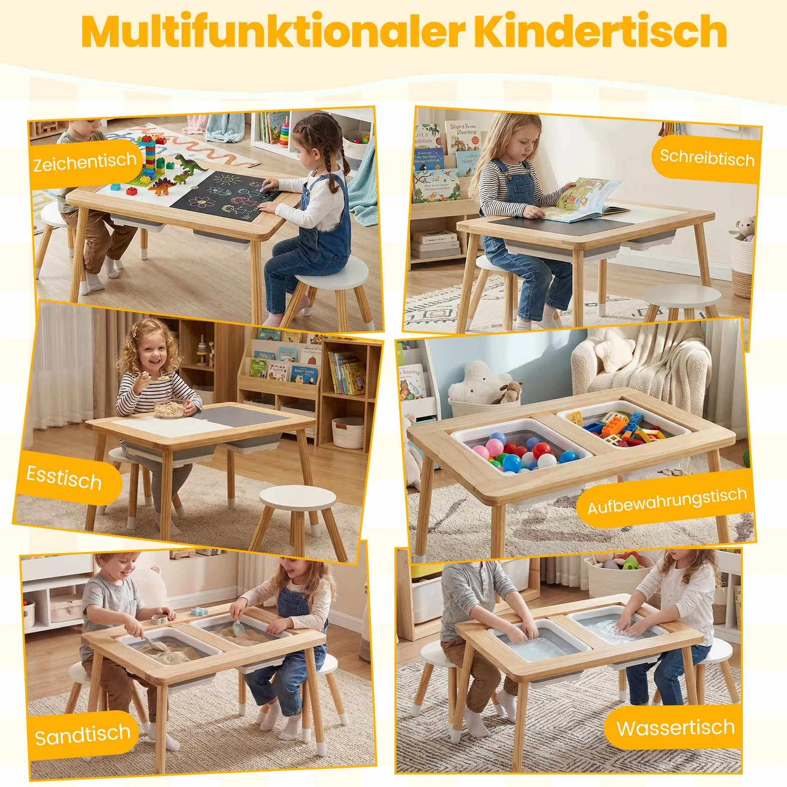 COSTWAY Stół do zabawy dla dzieci 6 w 1, stół sensoryczny z dwustronnym blatem i 2 składanymi pojemnikami, stół dziecięcy Montessori z 2 krzesłami, stół do wody i piasku dla dzieci od 3 lat (okrągły)