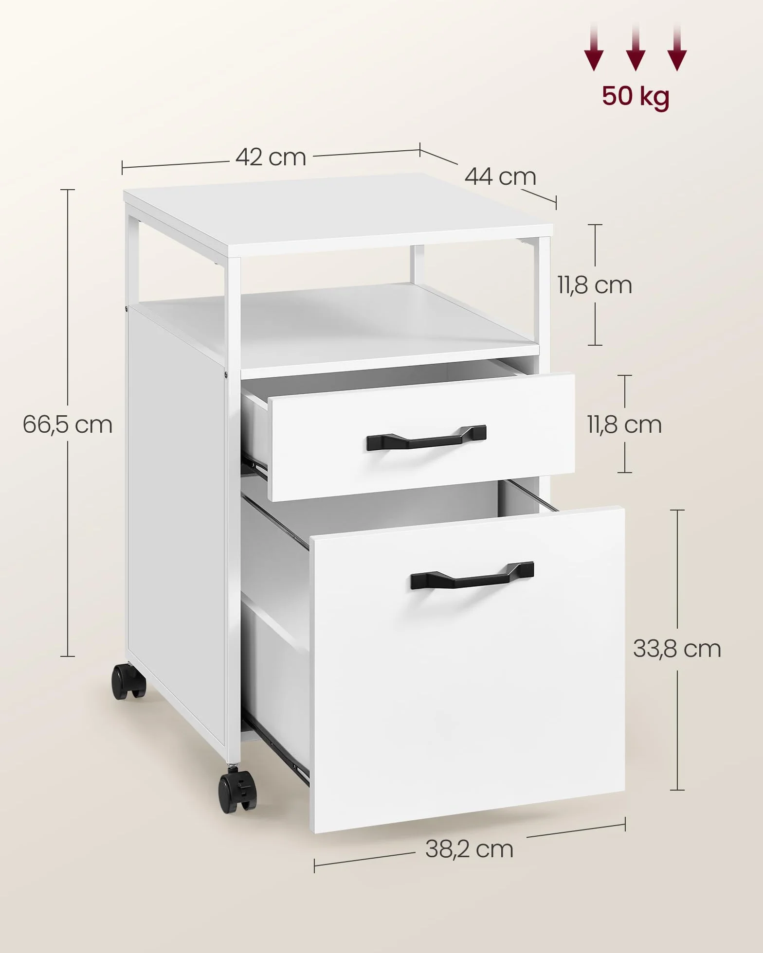 VASAGLE OFC071W14 Kontener na kółkach, szafka na dokumenty z 2 szufladami, mobilna szafka biurowa z kółkami, otwarta półka, teczka do zawieszania, rama stalowa, nowoczesna, biała