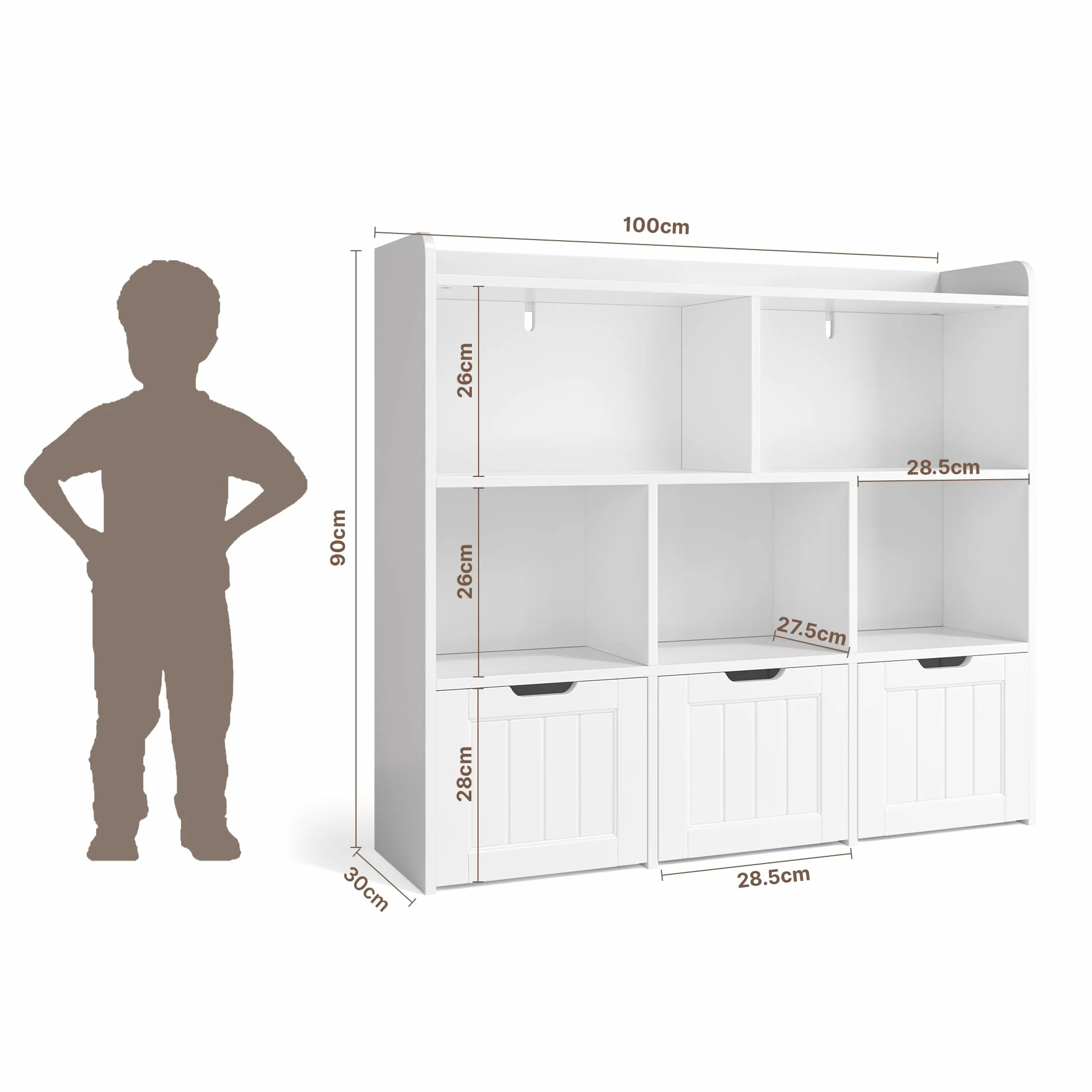 Xbro Półka na Przedmioty dla Dzieci z 3 Szufladami na Kółkach i 5 Półkami Otwartymi, Regał na Książki i Zabawki, MDF, 100x30x91 cm, Biały