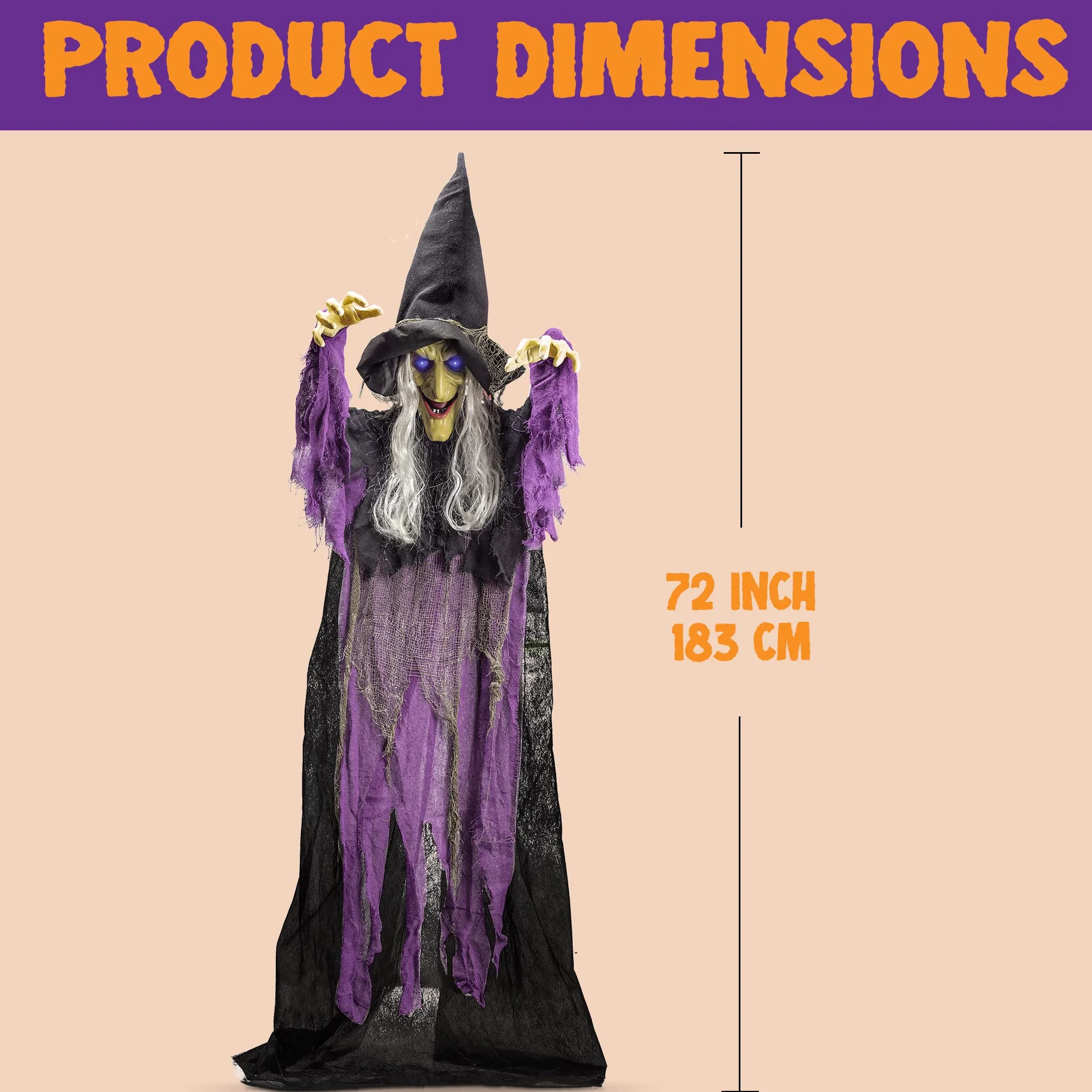 Wisząca animowana dekoracja w postaci mówiącej czarownicy, ze świecącymi oczami i funkcją aktywacji dźwiękiem, na Halloween, do nawiedzonego domu, na zewnątrz, do wewnątrz, 182,9 cm, kolor niebieski