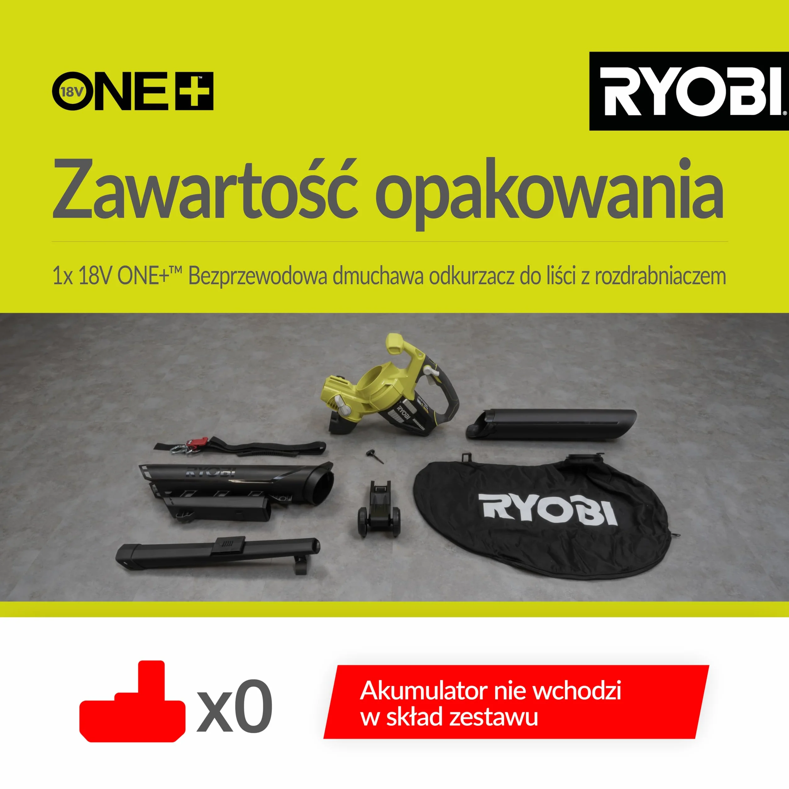 Ryobi Bezszczotkowa Dmuchawa Odkurzacz 18 V, OVB18, Model bez Akumulatora i Ładowarki