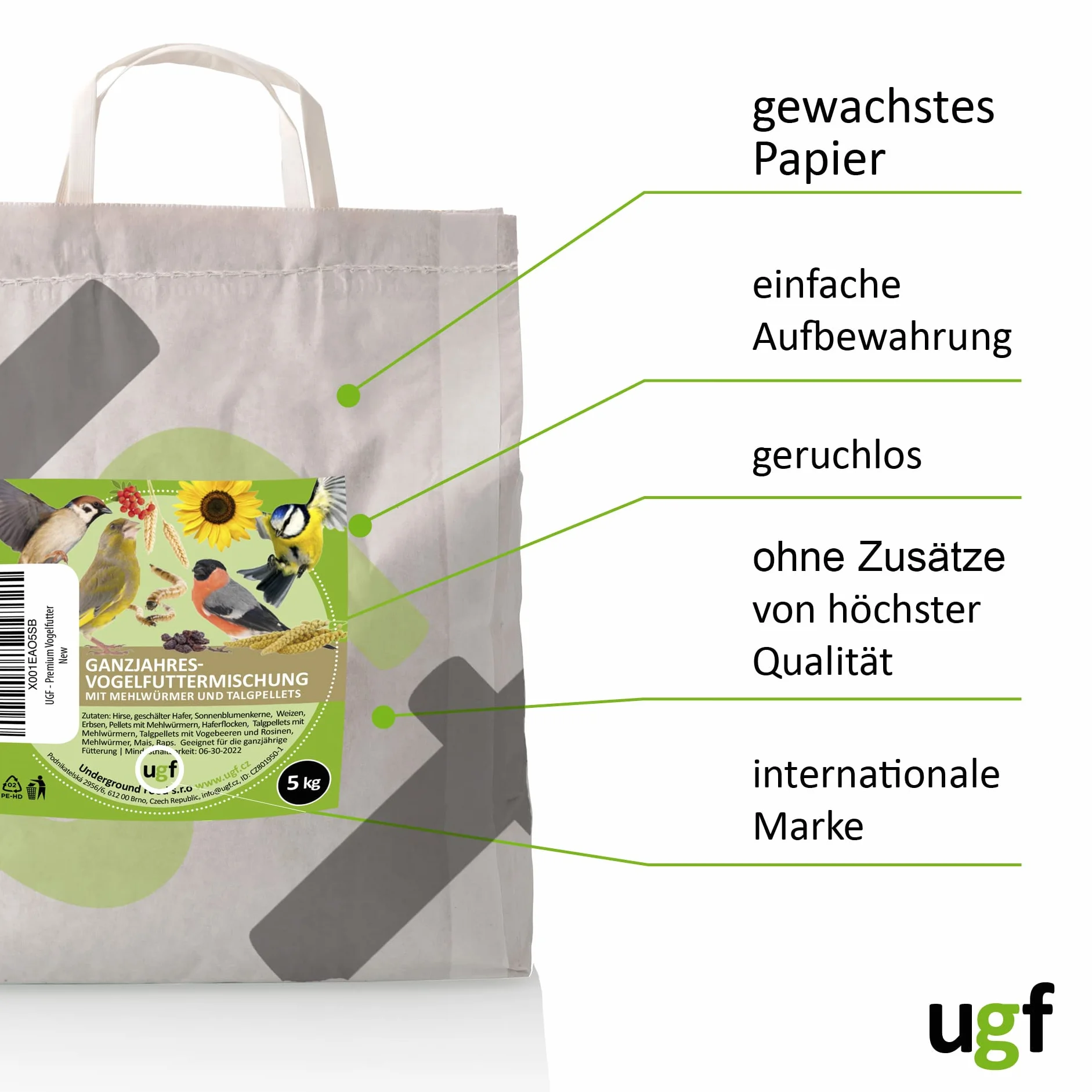 UGF - Pokarm dla dzikich ptaków przez cały rok 5kg Pokarm dla dzikich ptaków z nasionami słonecznika, robakami mącznika i dziewięcioma innymi składnikami, unikalna kombinacja składników do karmienia przez cały rok