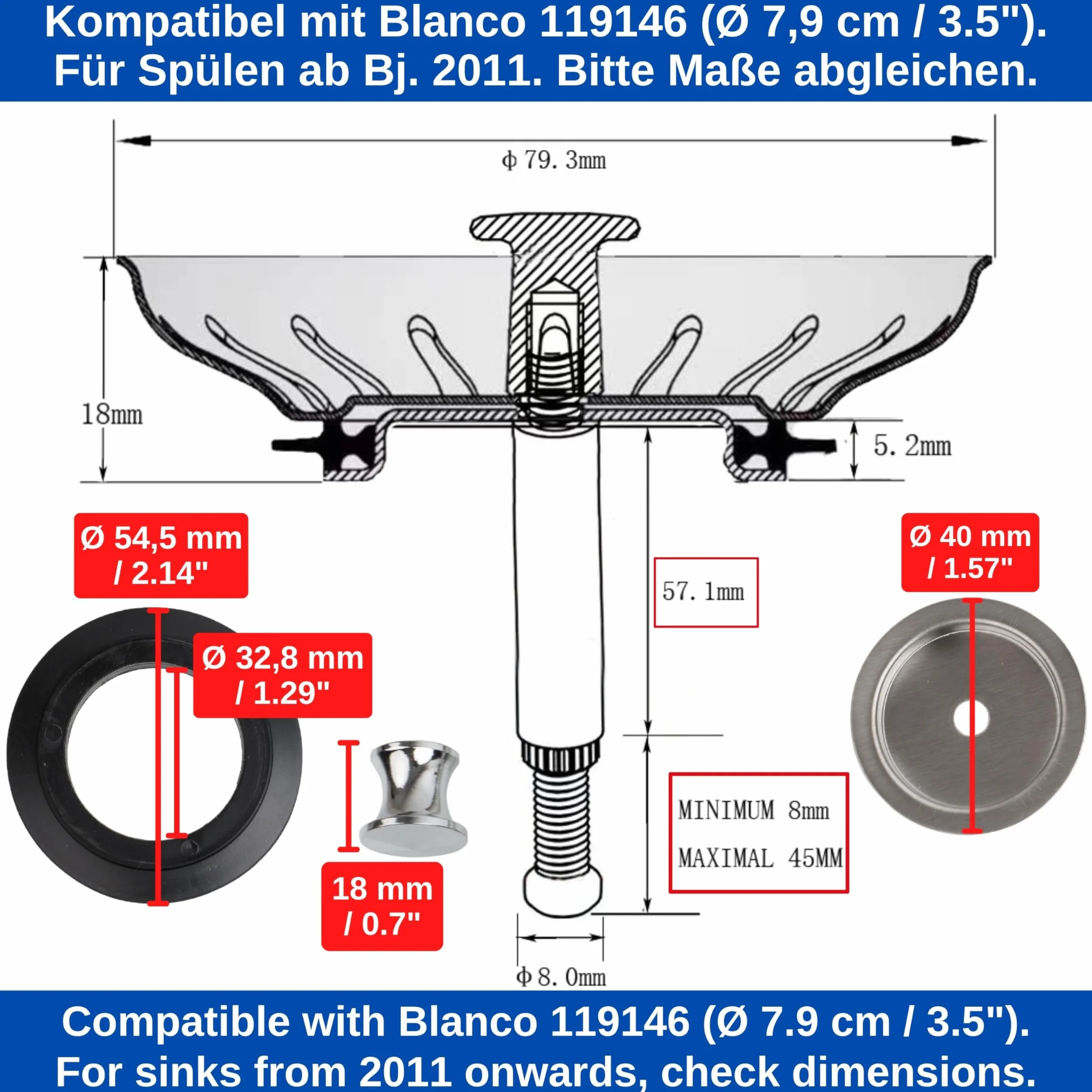 Sitko do zlewu kuchennego, Ø 79 mm, kompatybilny z Blanco 119146, kosz sitkowy 3,5" z 18 rowkami, trzpień mimośrodowy 52-97 mm, trzpień Ø 8 mm, część zamienna do zlewu, wkładka sitko do zlewu, funkcja
