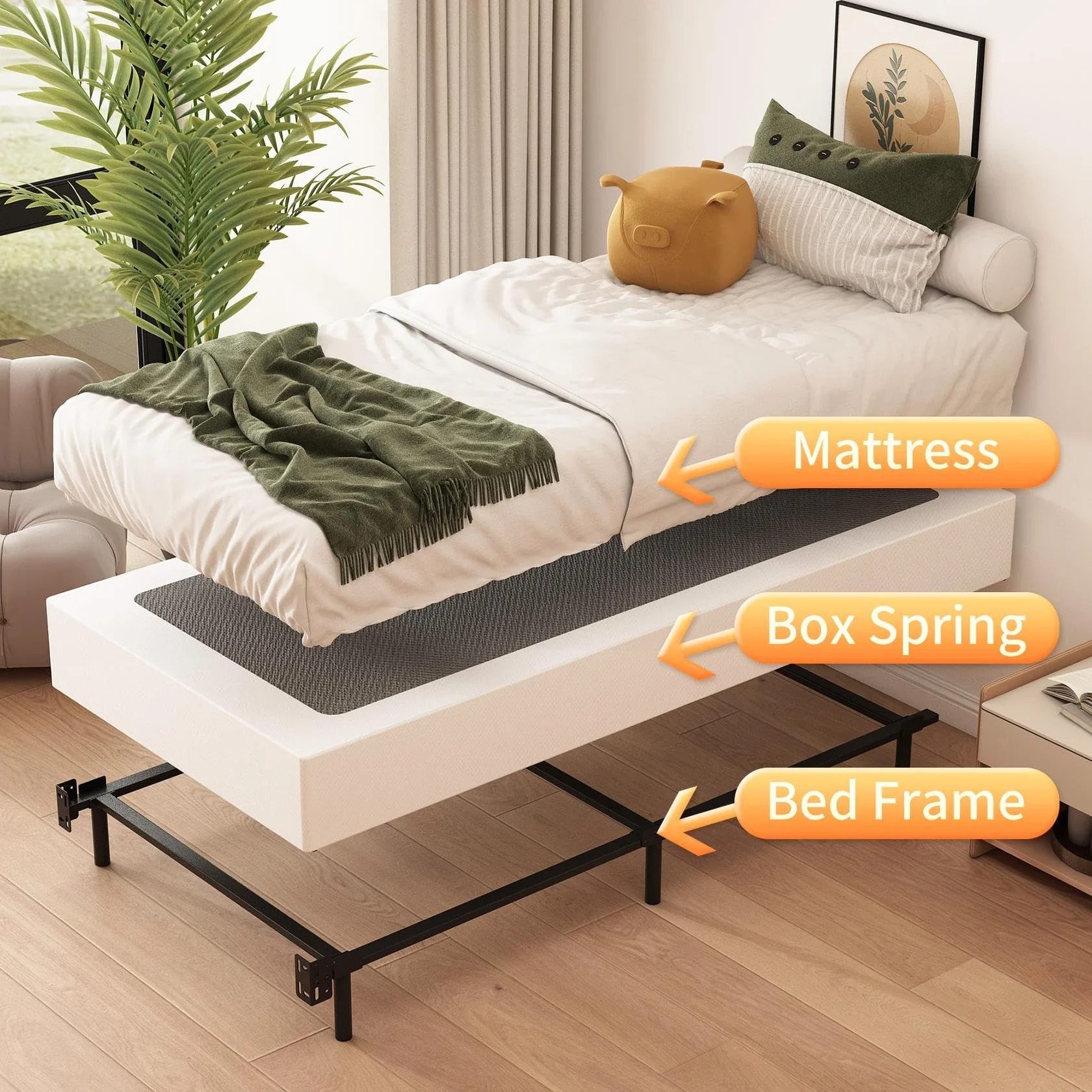 Husleephu Twin XL Box Spring, 20 cm, wysokoprofilowa metalowa rama Twin XL Box Spring, tylko podstawa łóżka z pokrowcem z tkaniny, solidny fundament materaca, łatwy montaż, bez hałasu, czarna