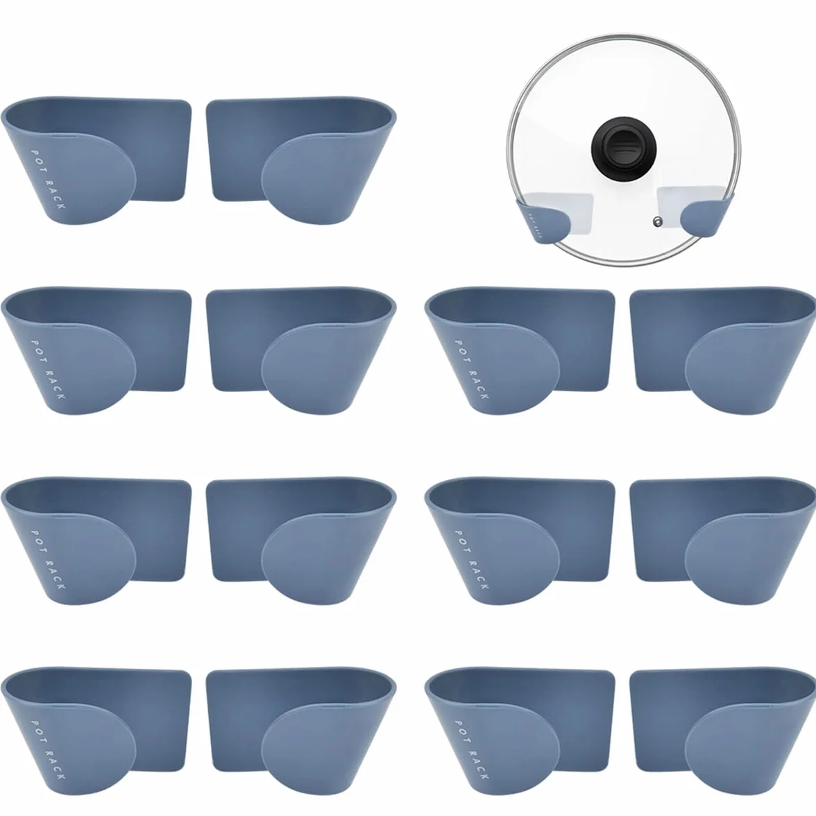 8 par samoprzylepnych uchwytów na pokrywki, plastikowy uchwyt na pokrywkę garnka, samoprzylepny, do drzwi szafy, oszczędność miejsca, montaż ścienny, niebieski