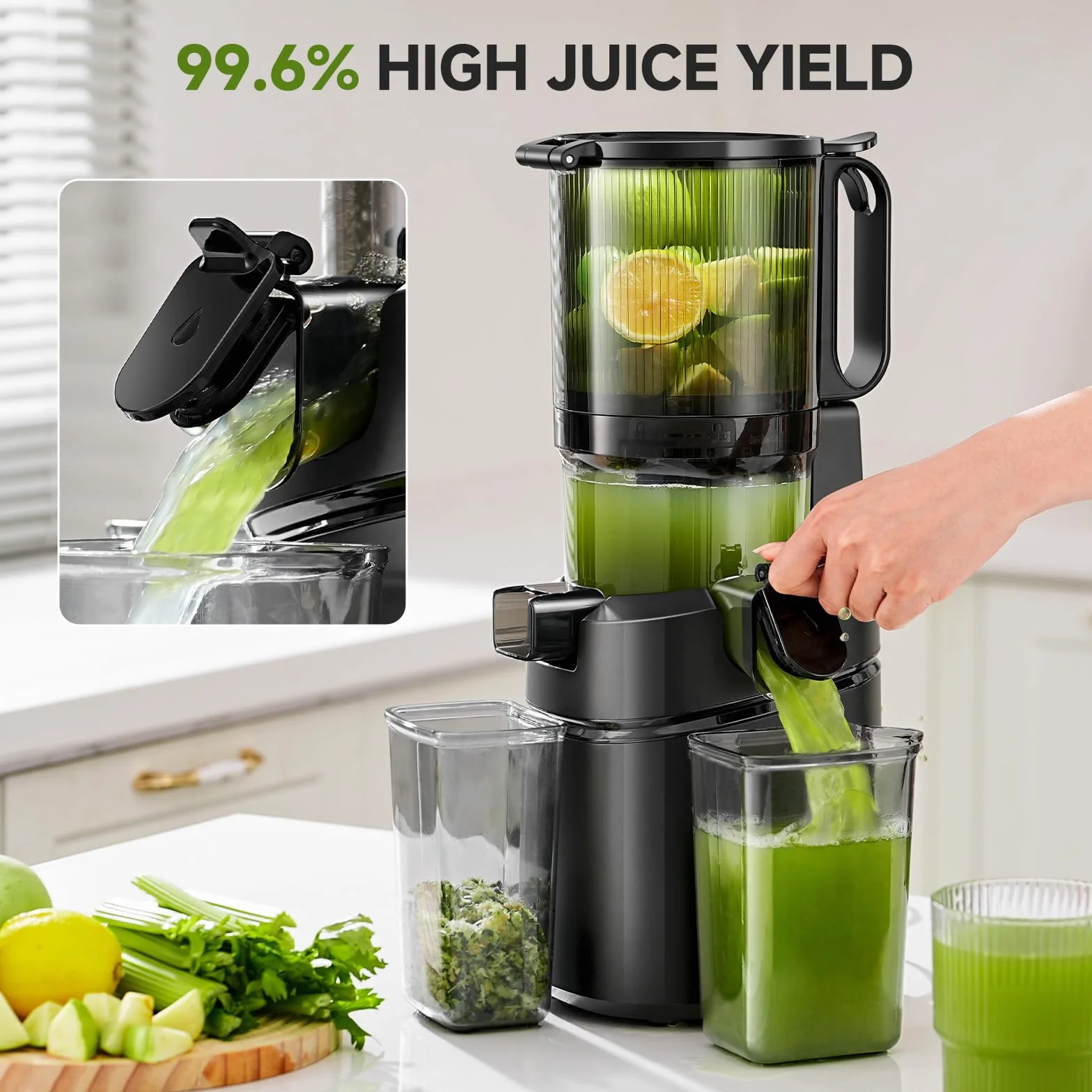 AMZCHEF 250 W automatyczna sokowirówka All-In-One, otwór 135 mm i 1,8 l sokowirówka do warzyw i owoców, zwycięzca testu z potrójnym filtrem, czarna