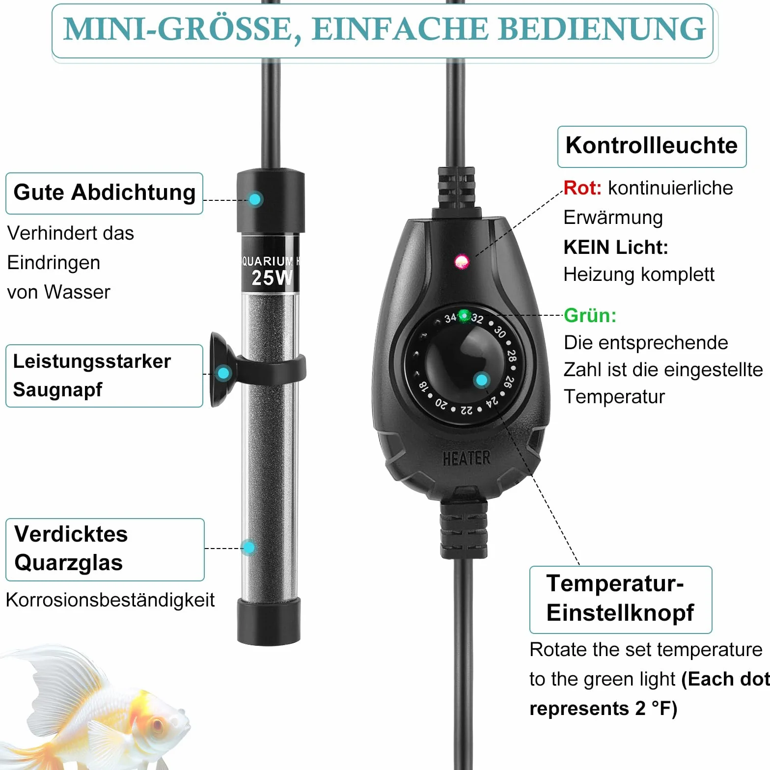 FEDOUR Mini grzałka do akwarium 15W/25W/35W Zanurzalna 1-30L z zewnętrznym regulatorem temperatury