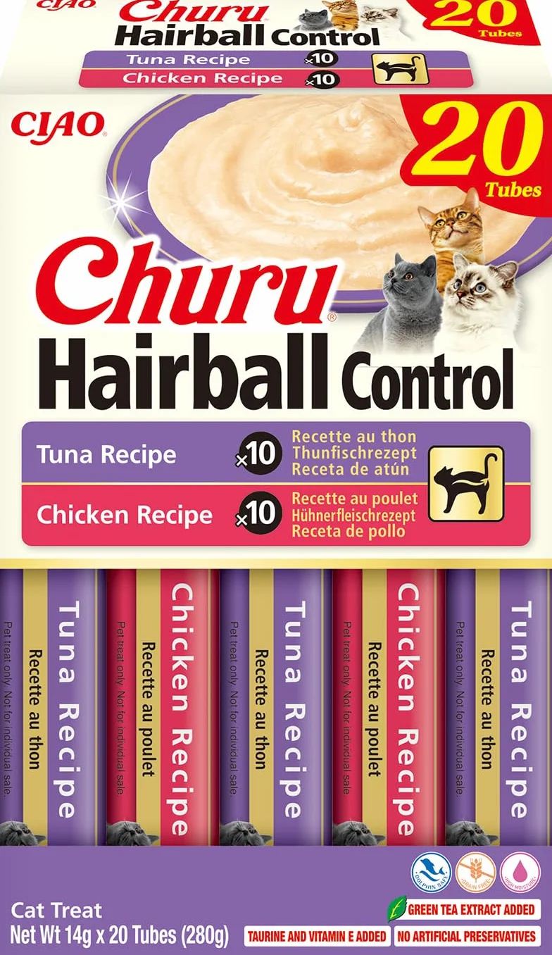 INABA Churu Hairball Control przysmaki dla kotów z tauryną i włóknem, kurczak i tuńczyk, 20 x 14 g