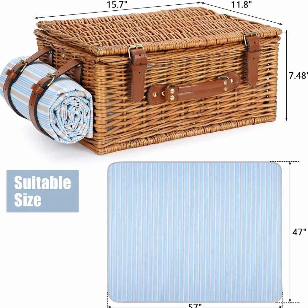 HappyPicnic Wiklinowy kosz piknikowy dla 4 osób, Willow Storage Hamper, zestaw upominkowy na kemping i imprezę na świeżym powietrzu (rozmiar M dla 2 osób)