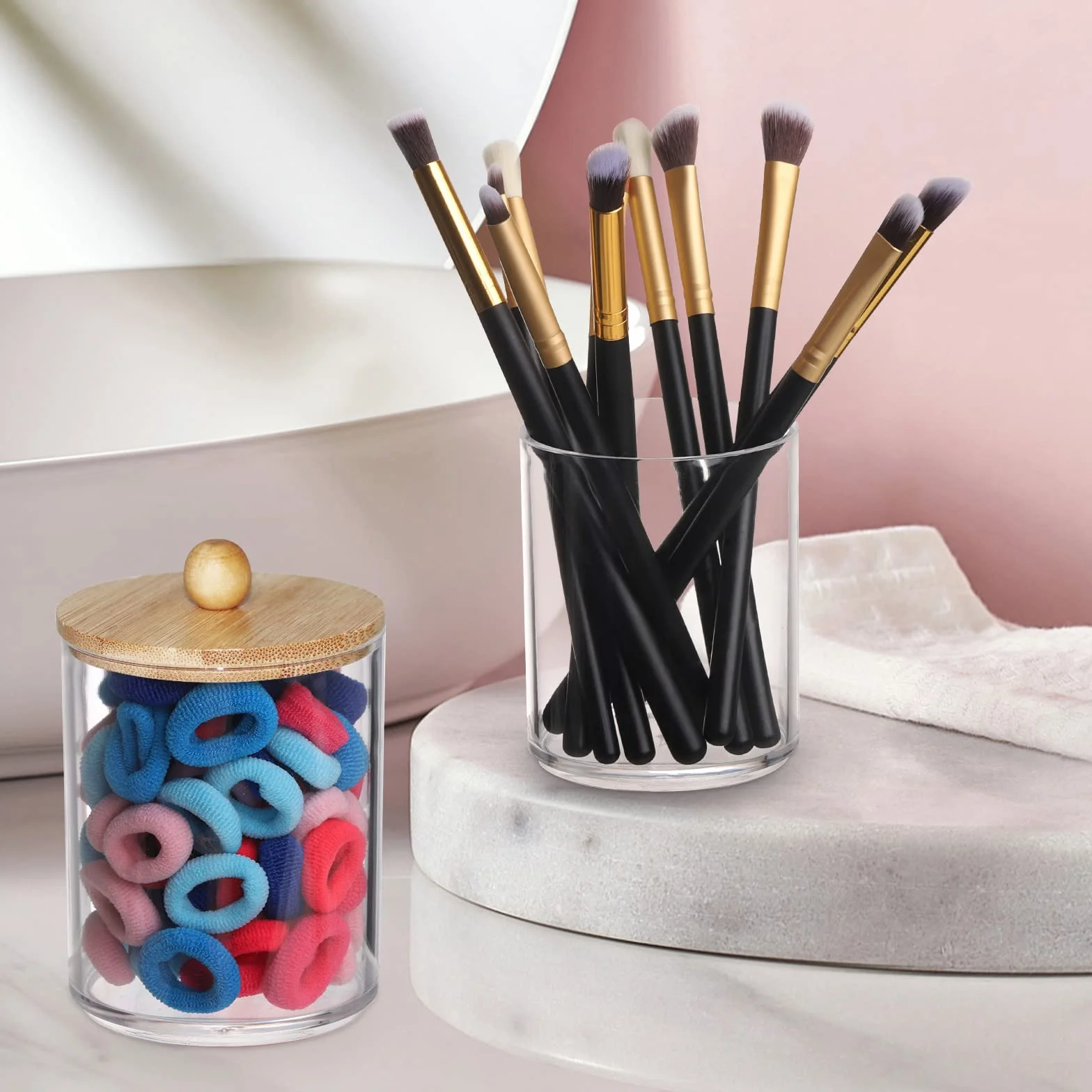 Tbestmax 4-pak uchwytów Qtip, 295 ml, organizer łazienkowy, pojemniki do przechowywania, przezroczyste plastikowe słoiki aptekarza z bambusowymi pokrywkami, do wacika, nici