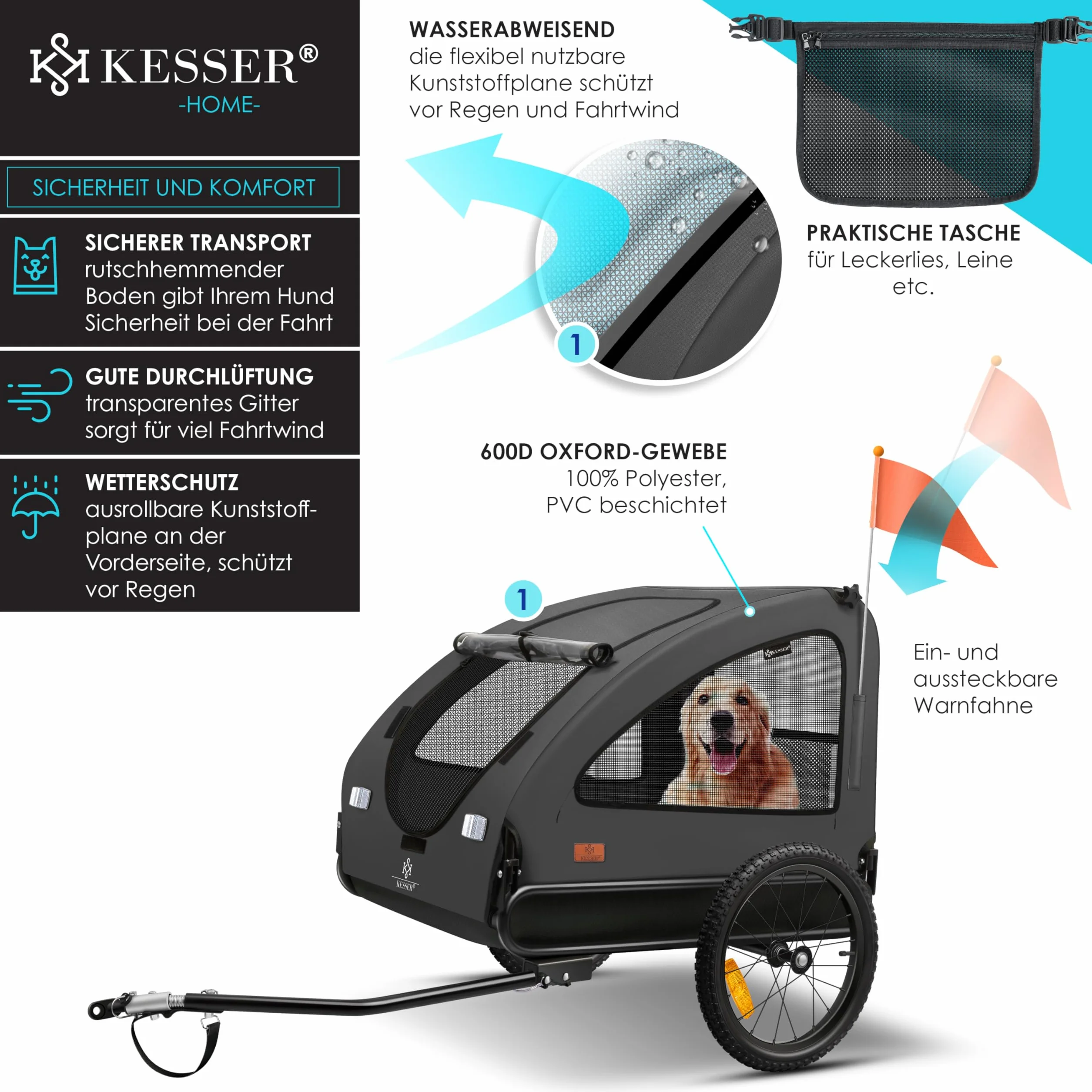 KESSER® Zawieszka dla psa 2 w 1 przyczepka rowerowa dla psa, duża pojemność ok. 250 l, w zestawie flaga i torba, płótno Oxford 600D, składany, SmartSpace Concept, maks. 45 kg