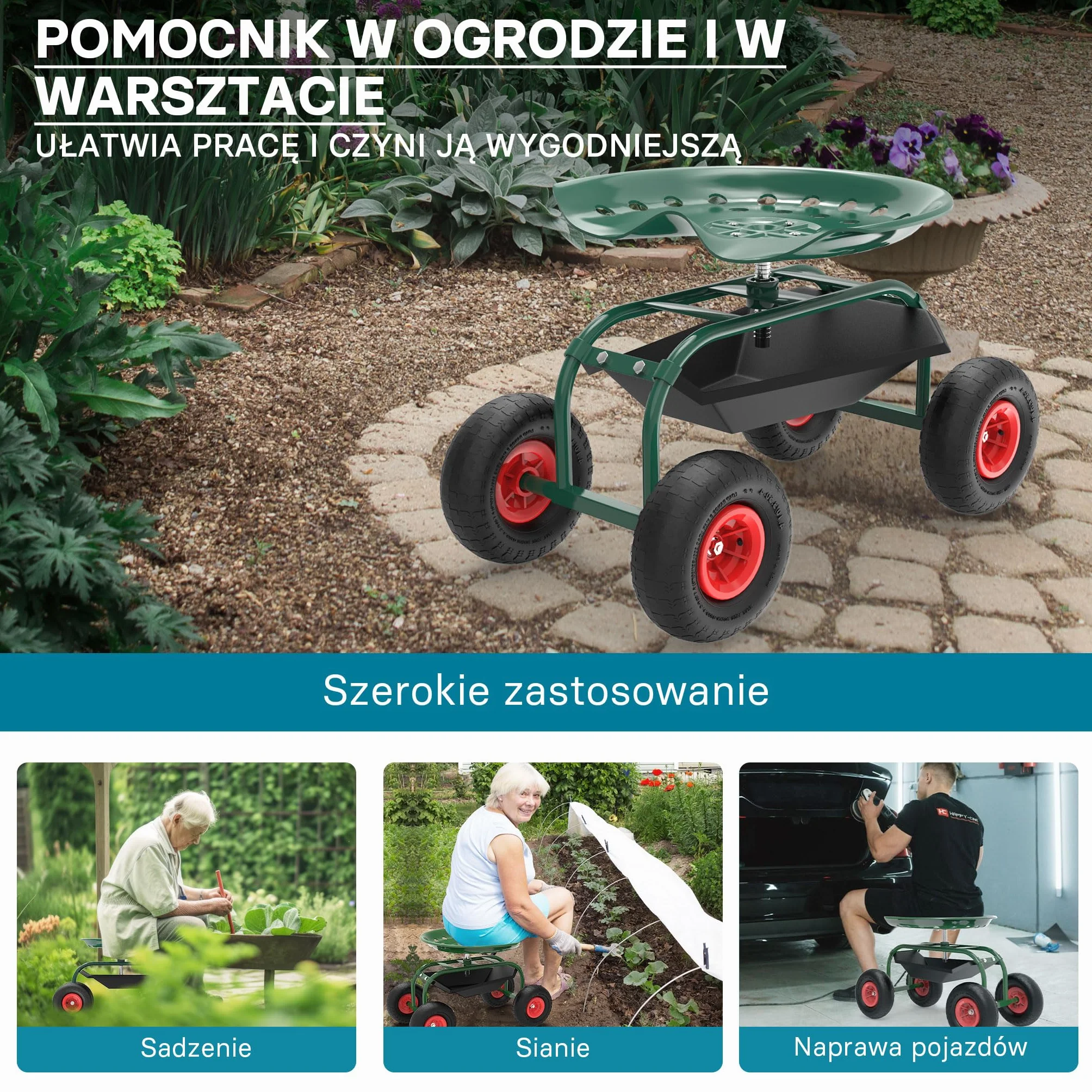 Wiltec Wózek ogrodowy z siedziskiem na kółkach i półką do ogrodu, taboret warsztatowy, mobilne siedzisko robocze ze stalową konstrukcją do 150 kg