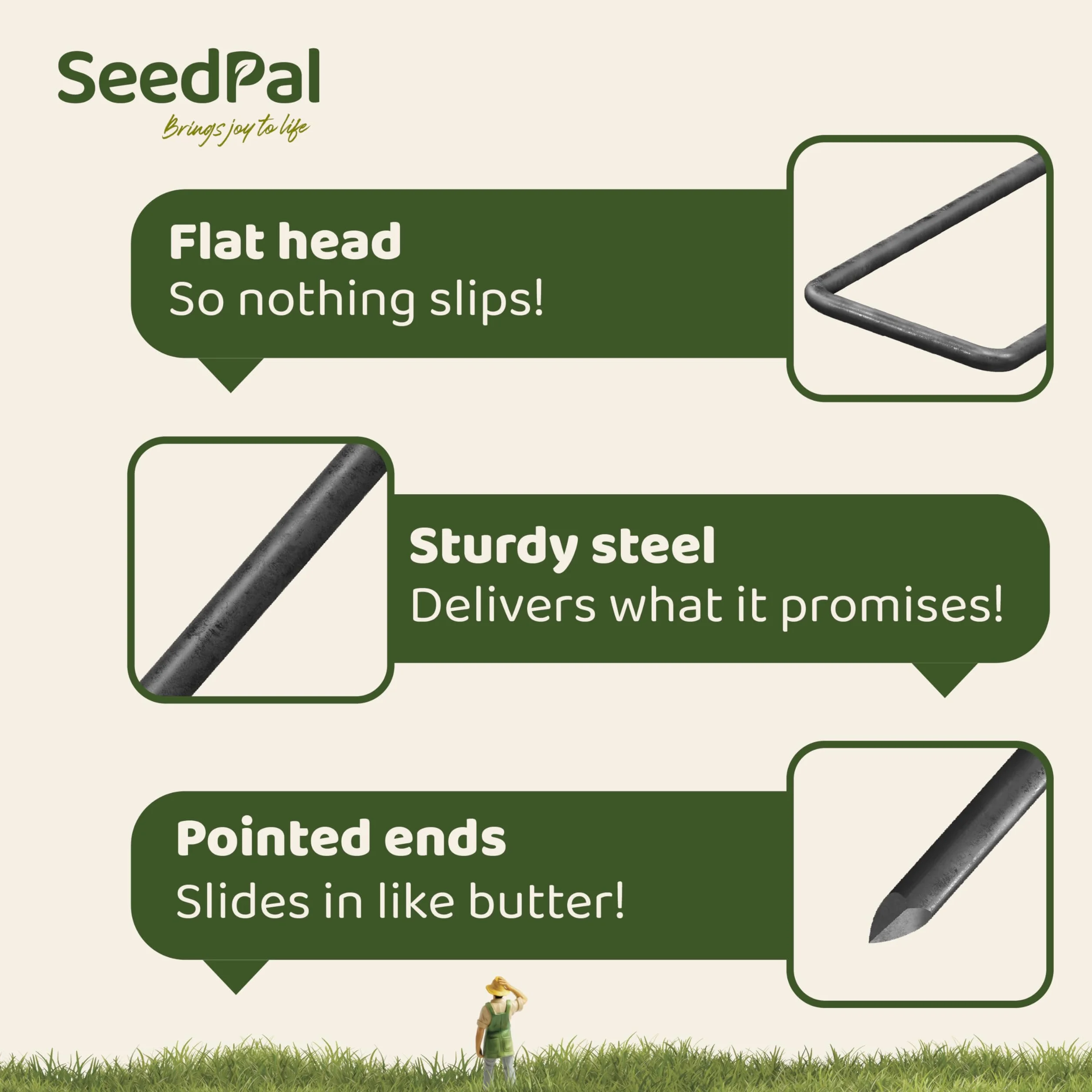 SeedPal 25 szt. kołków do mocowania podłoża, nieocynkowane, stabilne słupki z włókniny, ochrona przed chwastami, ogrodzenie i namiot – 150 mm x 25 mm x Ø 2,7 mm – stalowe śledzie do podłoża, kotwy do
