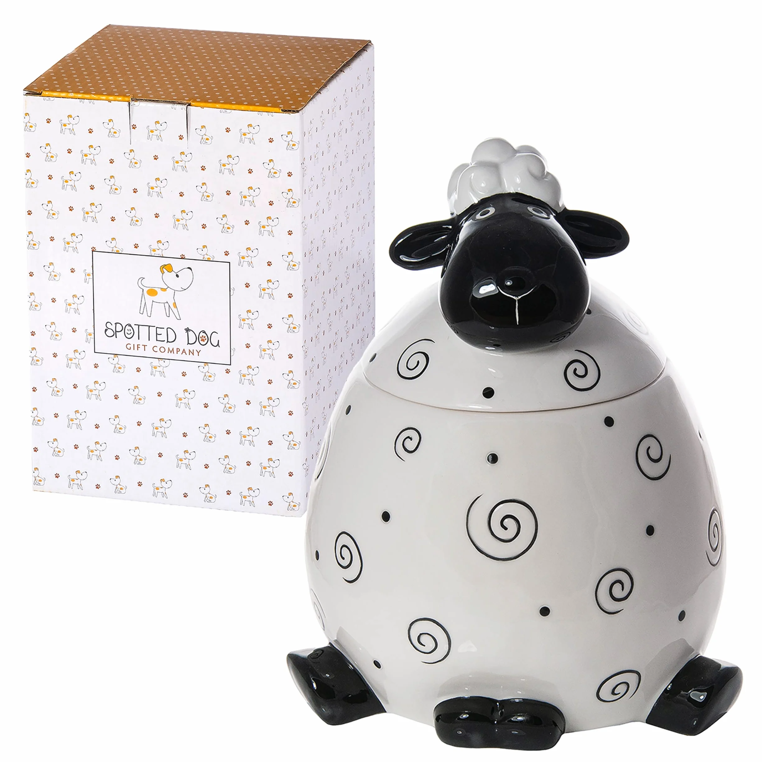 SPOTTED DOG GIFT COMPANY Ceramiczne pudełko na ciasteczka, duży słoik do przechowywania cukierków lub smakołyków, uroczy przedmiot kuchenny, prezent dla zakochanych owiec, czarno-biały 2200 ml