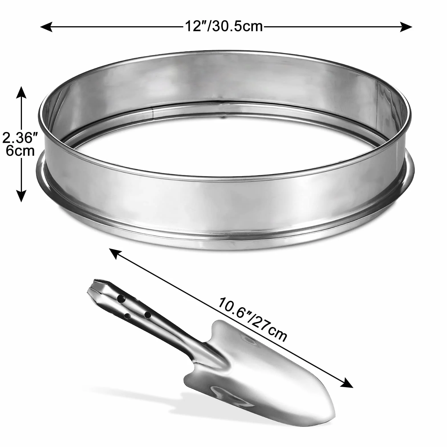 Johgee Sitko ogrodowe, 5 siatek ogrodowych, sito do ziemi ze stali nierdzewnej, rozmiary siatek 12 mm, 10 mm, 9 mm, 6 mm. 3 mm, 1 łopatka, narzędzia ogrodowe do ziemi i kamieni
