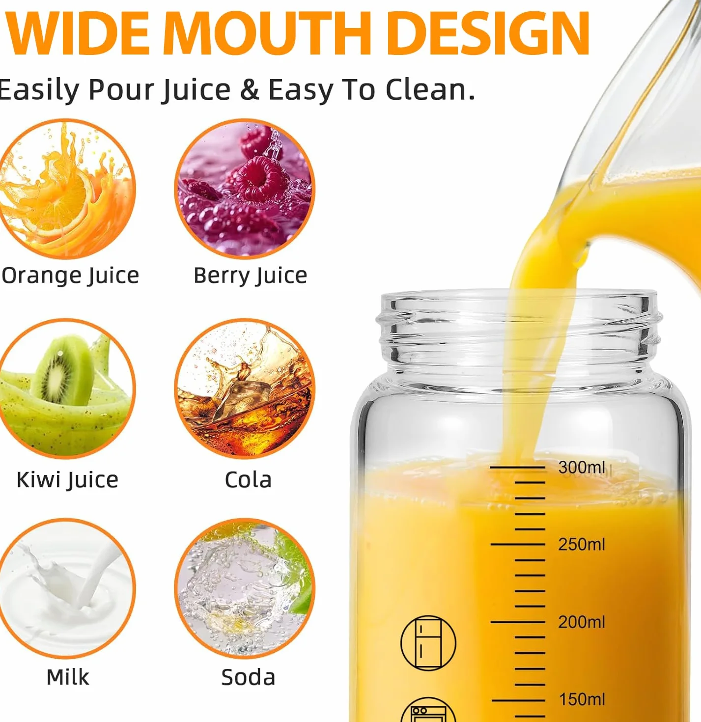 MUJUZE Szklane butelki 300 ml, z pokrywką ze stali nierdzewnej, 4 sztuki w zestawie ze skalą pomiarową, do soków, smoothie, mleka, szklanych butelek na sok, bez BPA, wielokrotnego użytku, szklana