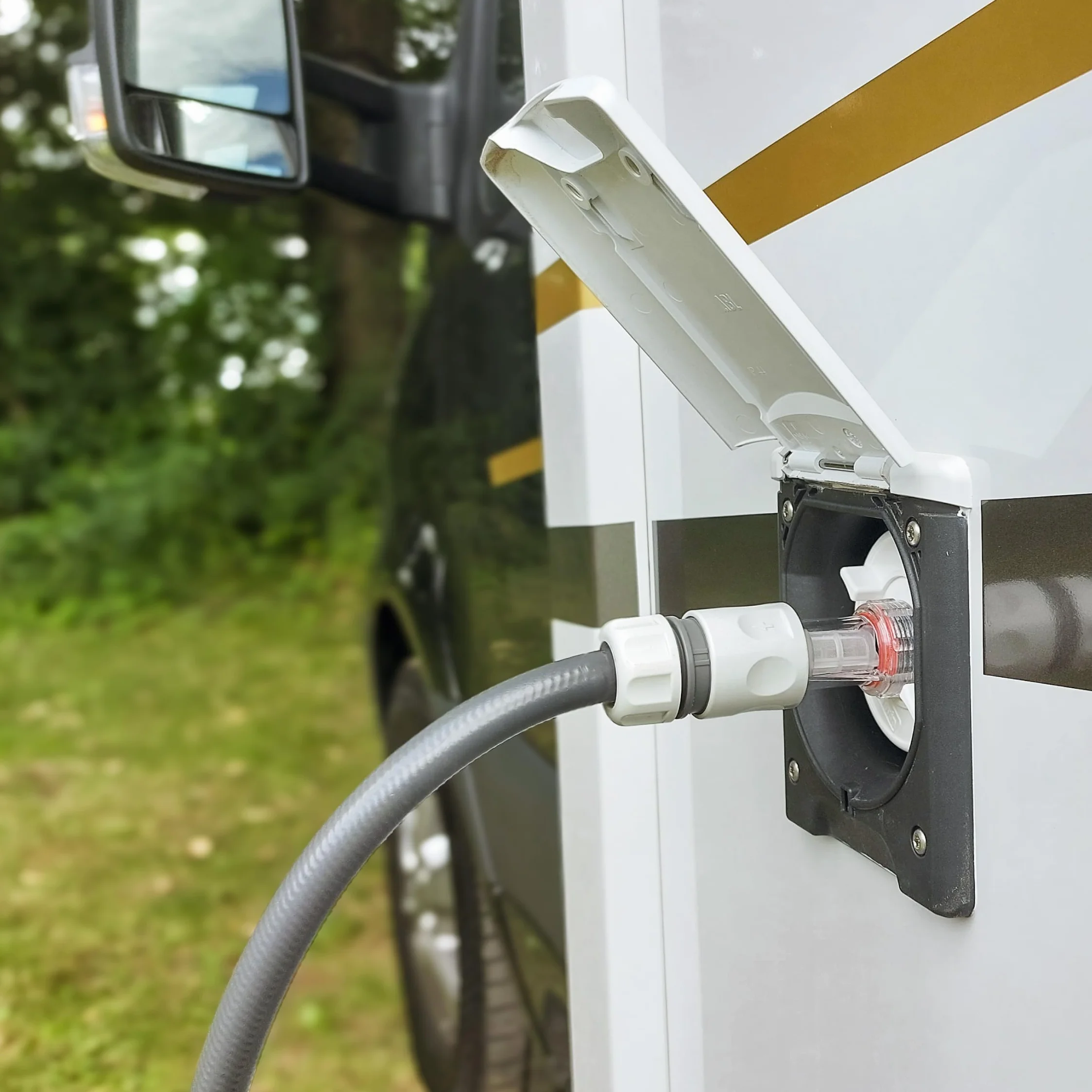 Tec4Camp® WATERTWIN-PRO korek wlewu paliwa z przyłączem wody | adapter z filtrem do pokrywy zbiornika na wodę, 3-pinowy śr. D:68, króciec wlewu wody, przyłącze napełnienia, akcesoria do przyczep