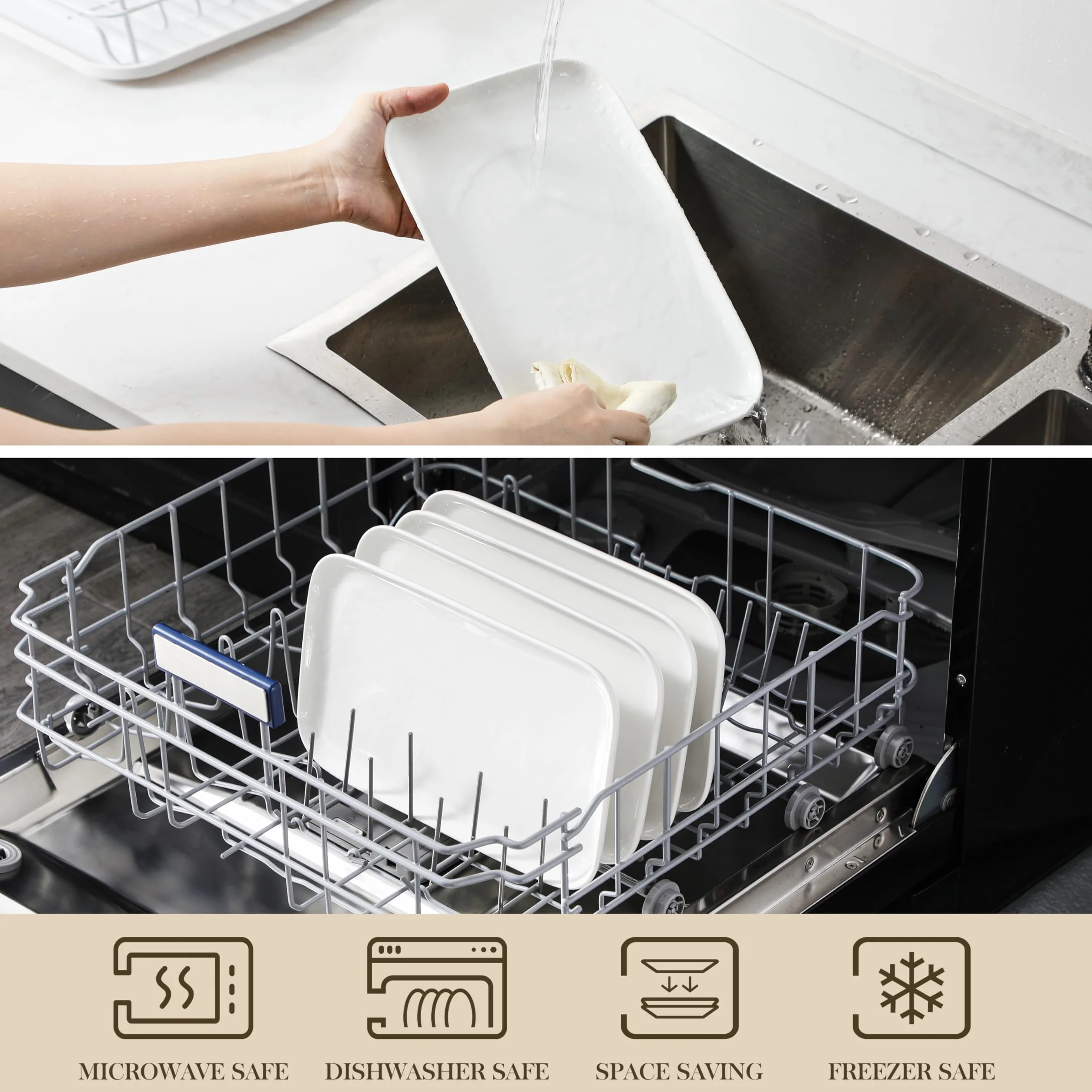 MALACASA Zestaw 4 talerzy do serwowania, porcelanowe, duże tace do serwowania, 30 cm, prostokątne białe przekąski do serwowania potraw na imprezę, wesele, deser, możliwość mycia w zmywarce i kuchence