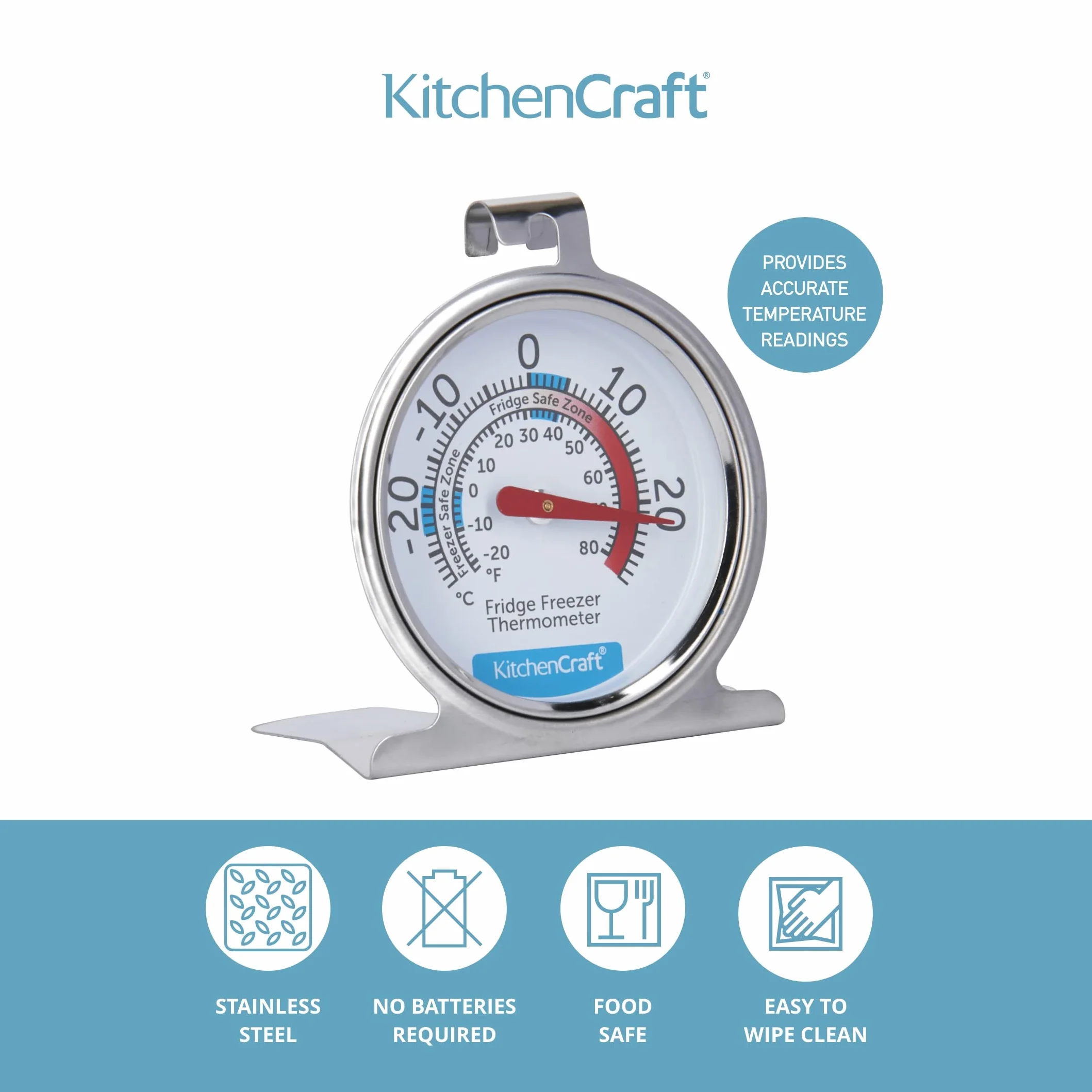 KitchenCraft Termometr do lodówki i zamrażarki z minimalnym przewodnikiem temperatury, przezroczysta tarcza, stal nierdzewna, srebrny