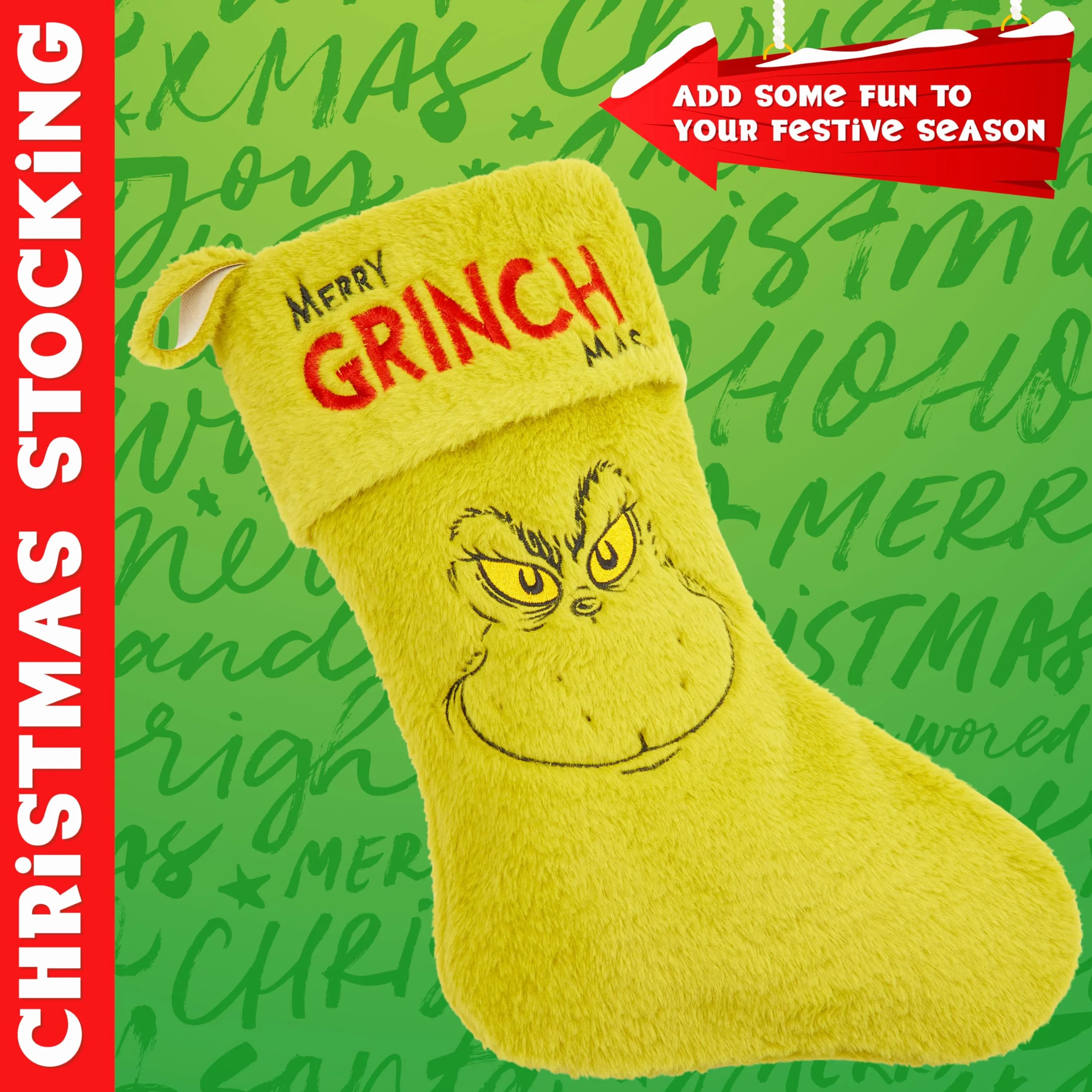 Wypełniacz do skarpet Świąteczny Grinch Wielki 44cm, Świąteczna Wisząca Dekoracja Zielona Skarpeta na Święta Rodzinne Boże Narodzenie Prezenty