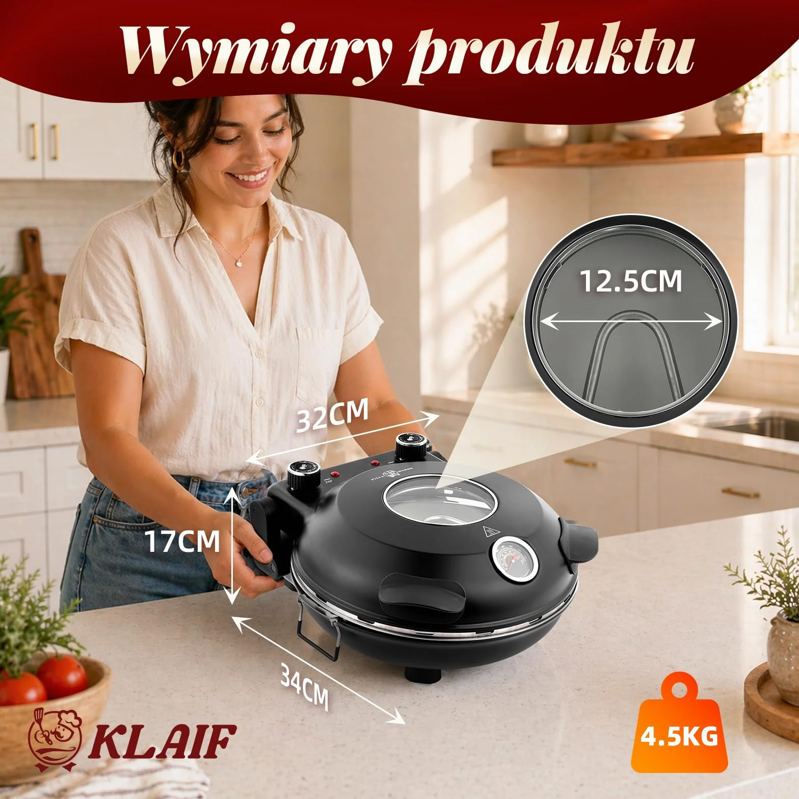 KLAIF Piec elektryczny do pizzy do blatu roboczego z kamieniem ceramicznym 31 cm, dwiema regulowanymi regulatorami temperatury, w zestawie 4 narzędzia do pizzy, LMR-czarny