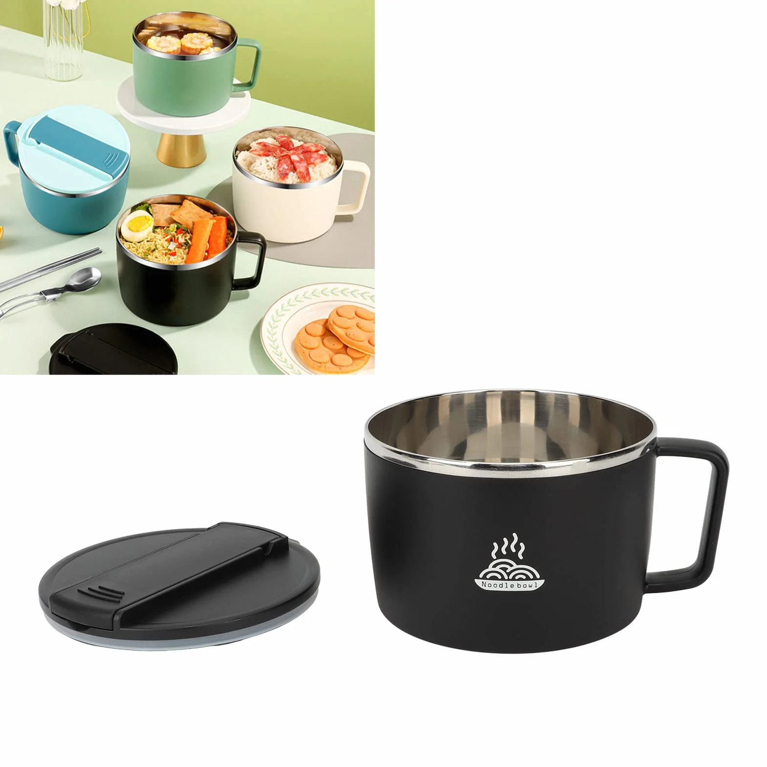 Mikrofalowa Miska na Makaron, Wielofunkcyjna Miska do Gotowania Ramen 1200 Ml 304 ze Stali Nierdzewnej i ABS Gniazdo na Telefon z Pałeczkami i Widelcem do Biura (Czarny)