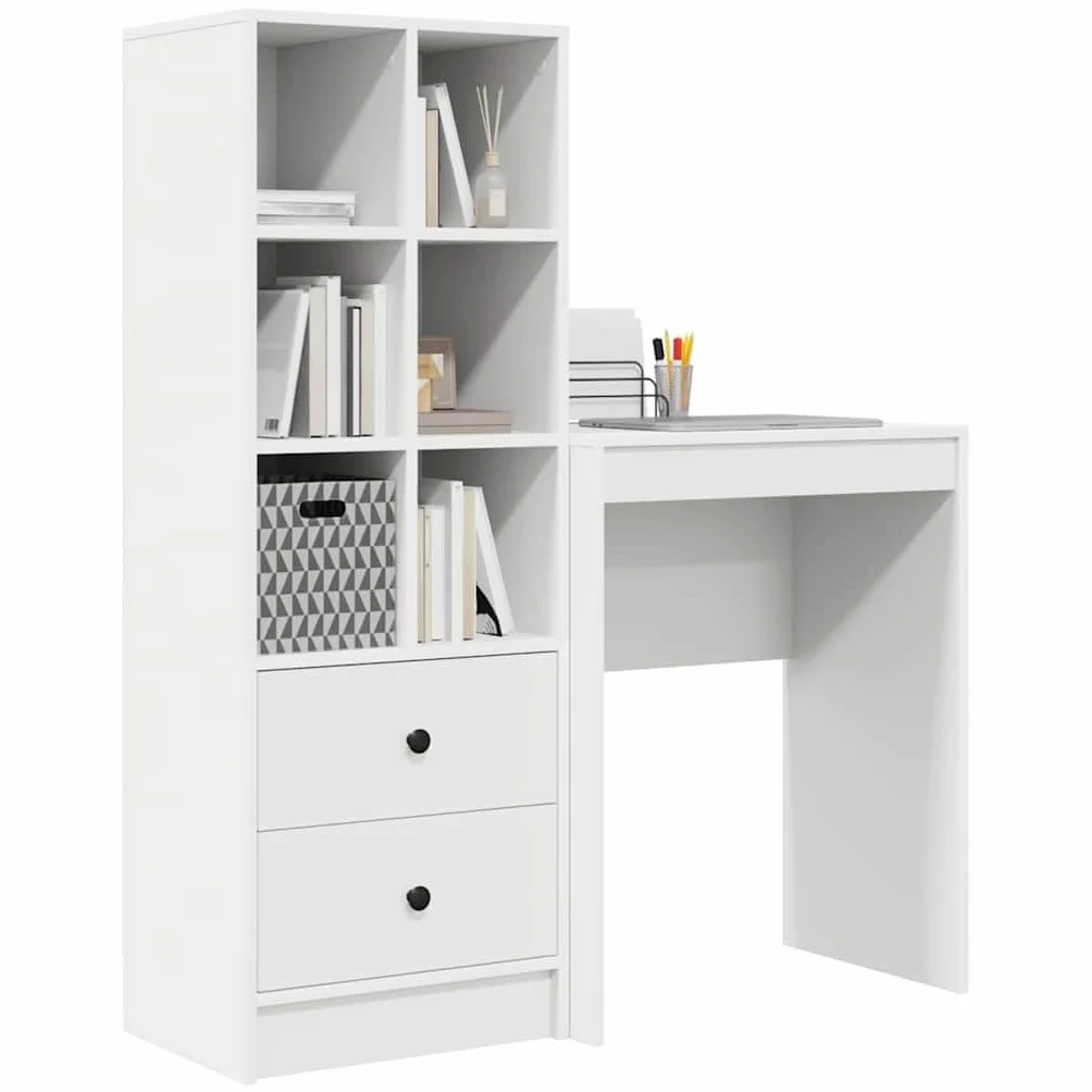 Biurko z szufladami z materiału drewnopochodnego, białe, 2-częściowe, 105,5 x 34 x 127 cm, nowoczesne biurko komputerowe do gabinetu i gier, trwałe, duży stół do biura i domu