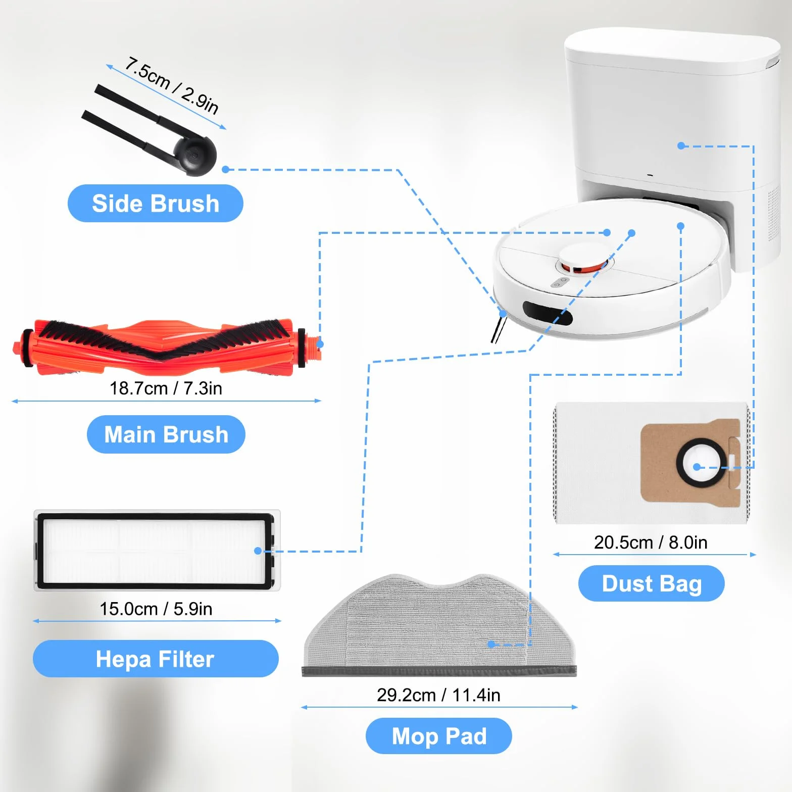 Zestaw akcesoriów do Xiaomi H40 robot odkurzający, części zamienne. 1 szczotka główna, 4 filtry Hepa, 4 podkładki wycieraczek, 4 szczotki boczne, 4 worki na kurz, 1 szczotka