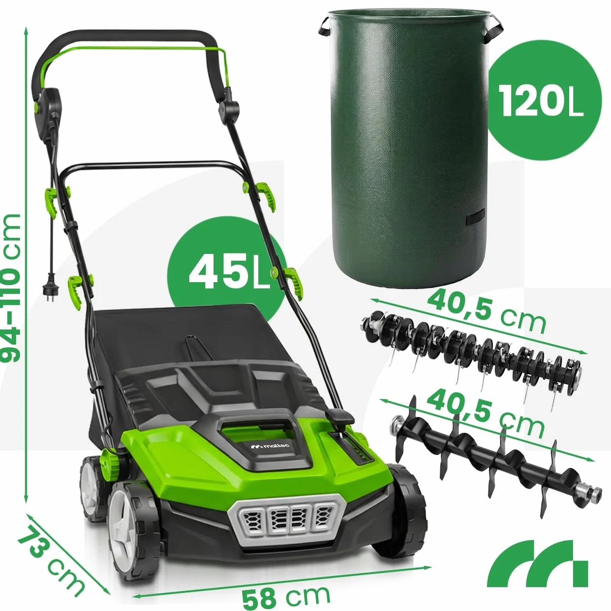 Wertykulator, elektryczny wiatrak, szerokość robocza 38 cm, MalTec 5 stopni wysokości roboczej