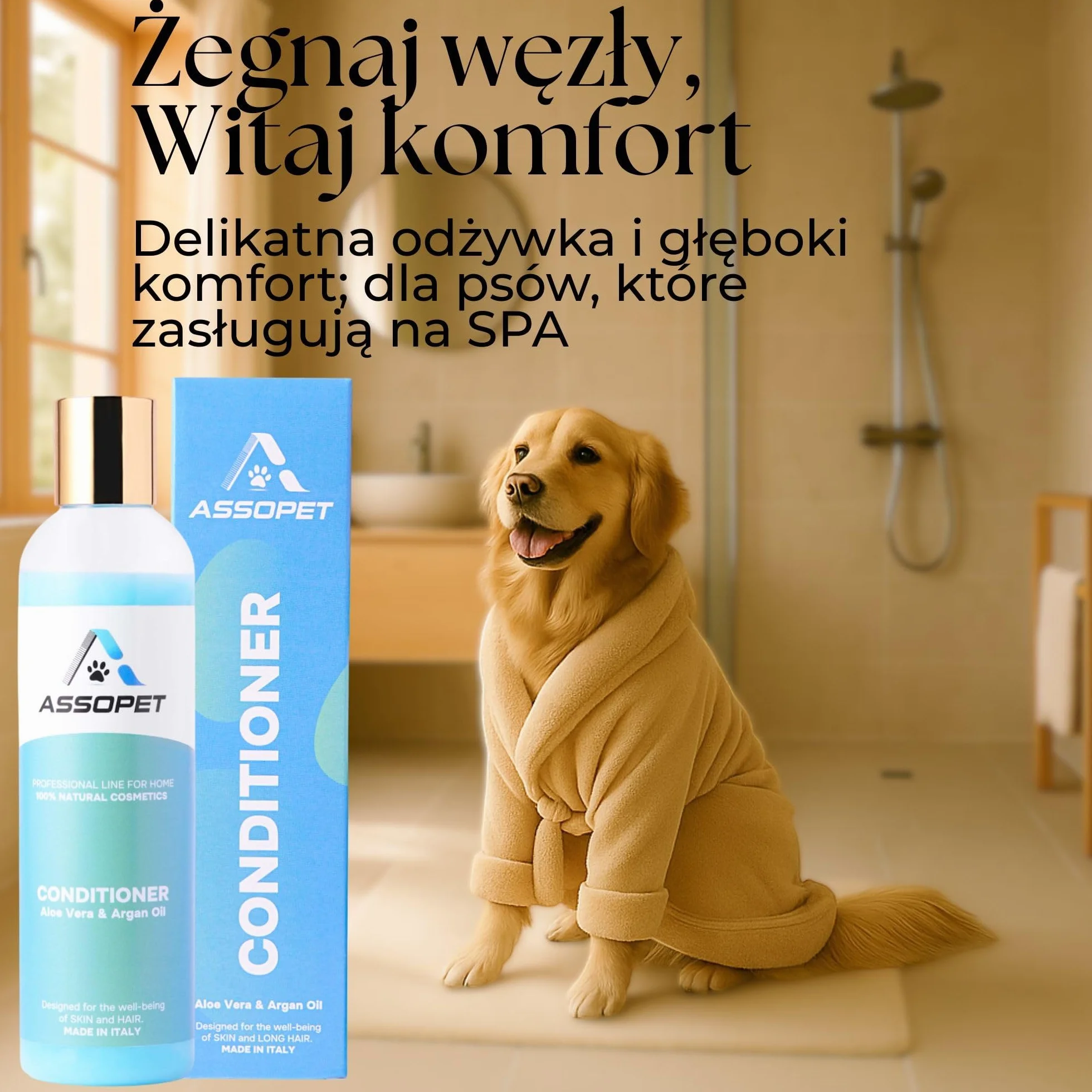 Odżywka dla Psów 250ml – ASSOPET – Naturalna Odżywka z Bio Olejem Arganowym i Bio Aloesem – Zmiękczająca, Rozplątująca i Nabłyszczająca – Bezpieczna, Delikatna, Wegańska, Made in Italy