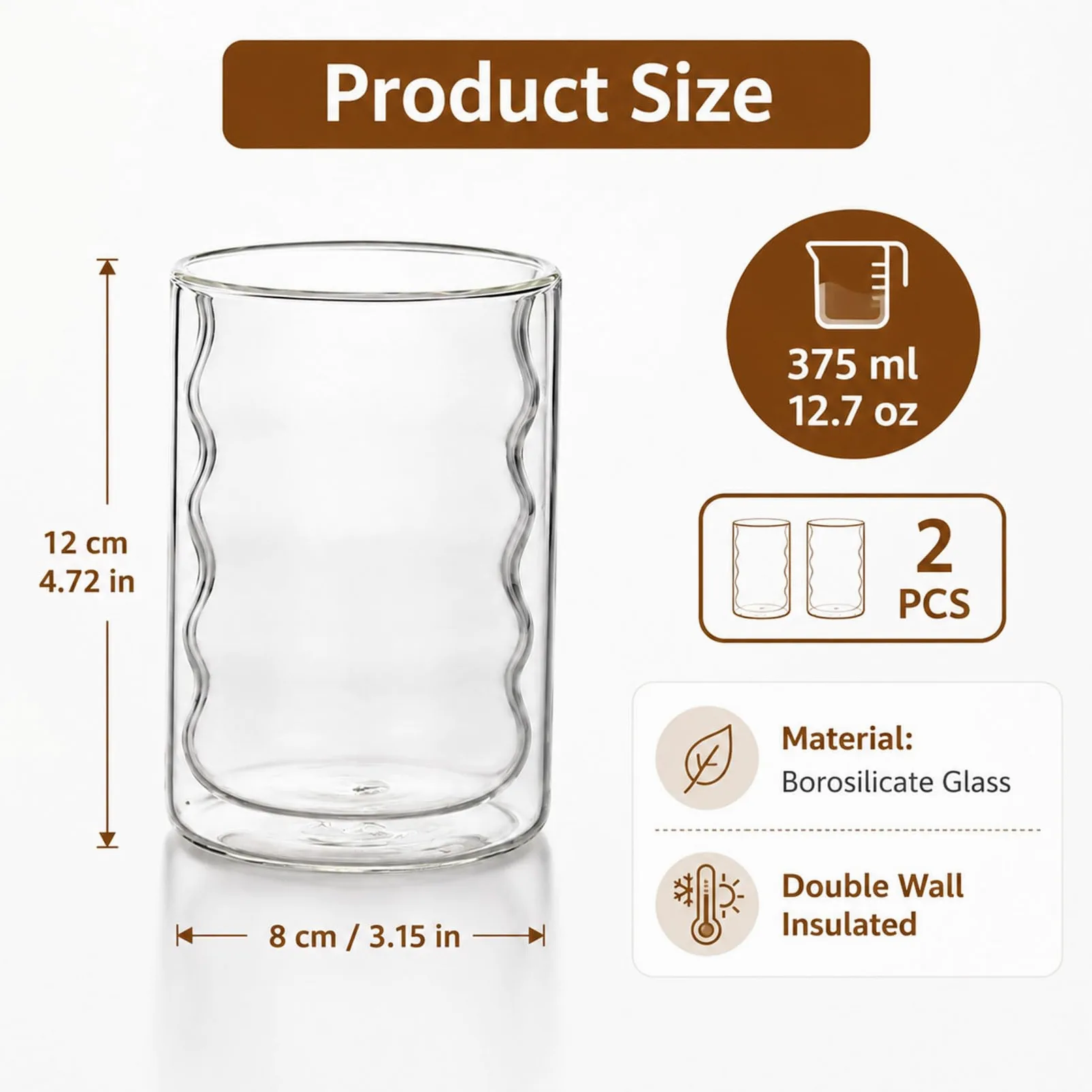 Zestaw 2 szklanek do latte macchiato 375 ml, podwójne ścianki – izolowane szklanki do kawy ze szczotką, duże szklanki termiczne do kawy, herbaty i cappuccino