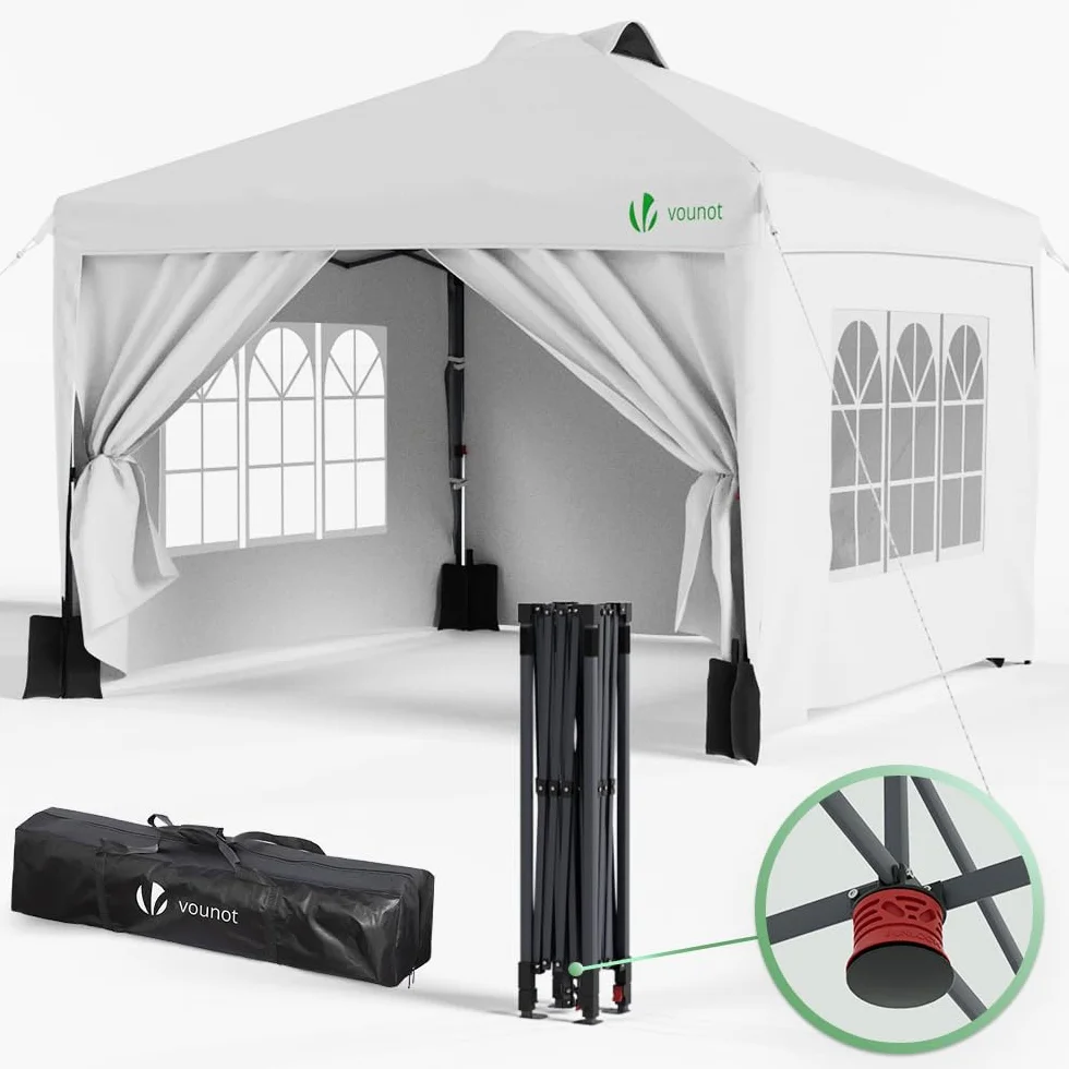 VOUNOT Altanka ogrodowa 3 x 3 m Pop up, składany namiot ze ściankami, wodoodporny, odporny na promieniowanie UV, oddychający, regulowana wysokość z torbą do przenoszenia, łatwy montaż, biały