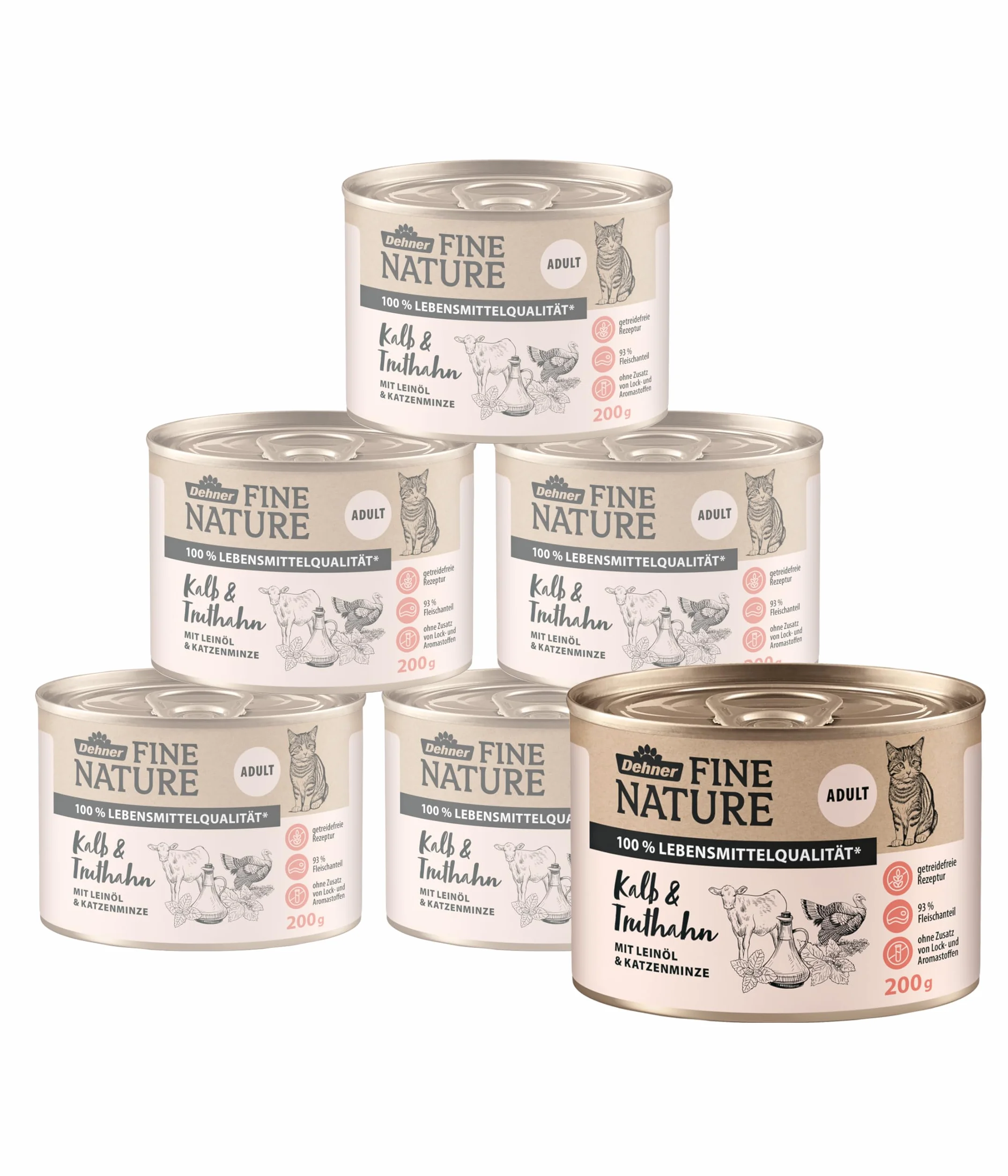 Dehner Fine Nature karma dla kotów, mokra karma bez zbóż, dla dorosłych kotów, cielęcina/indyka, puszka 6 x 200 g (1,2 kg)