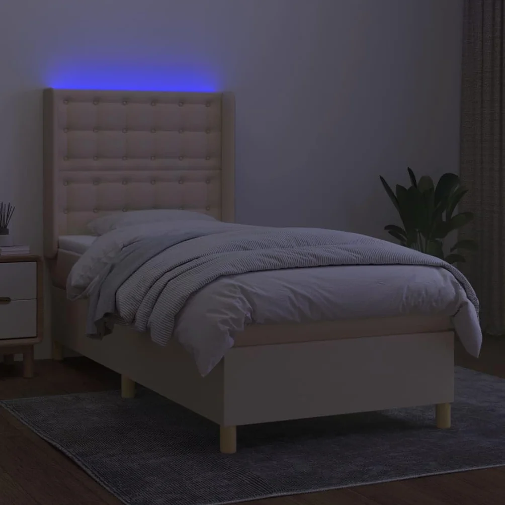 tkanina LED regulowany zagłówek kontynentalne 90x200 kremowy | Łóżko kontynentalne z materacem kremowe 90x200 cm tkanina z diodami LED do sypialni