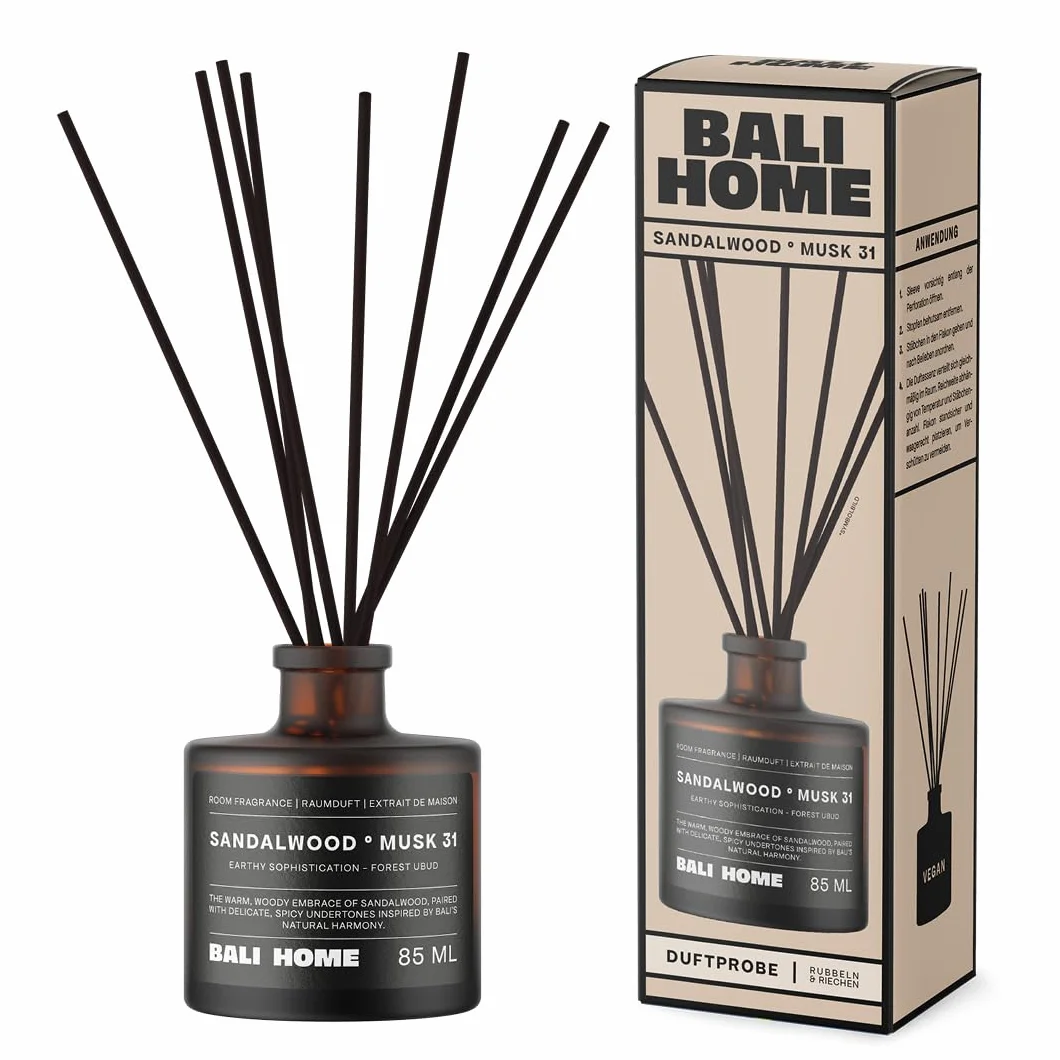 Bali Home Sandalwood Musk – luksusowy zapach do pomieszczeń z drzewem sandałowym i korzennymi aromatami – aromatyczny dyfuzor z pałeczkami zapachowymi – uspokajający zapach do stylowych pomieszczeń