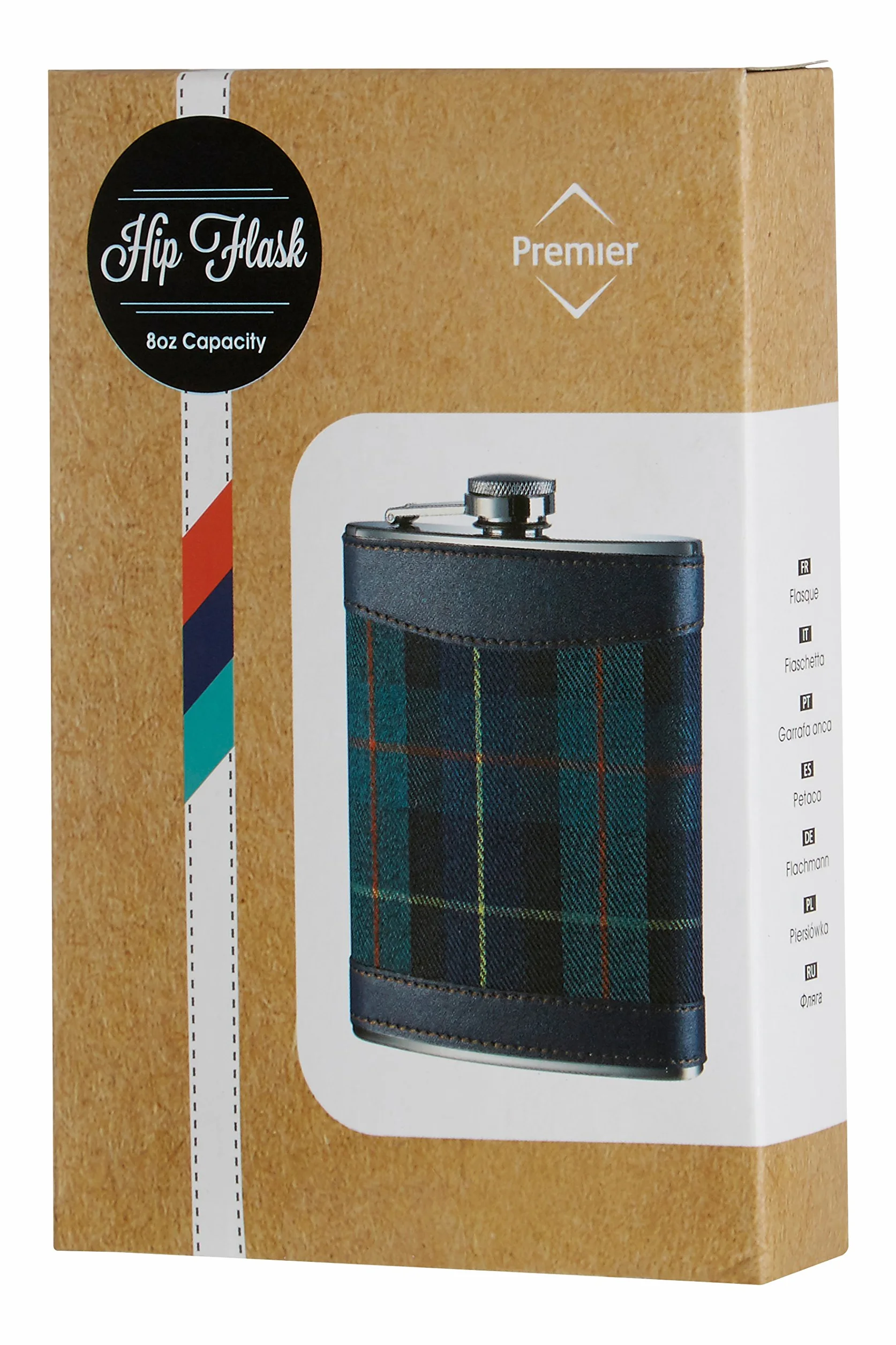 Piersiówka do domu wewnątrz i na zewnątrz, 226 g, stal nierdzewna/zielony tartan