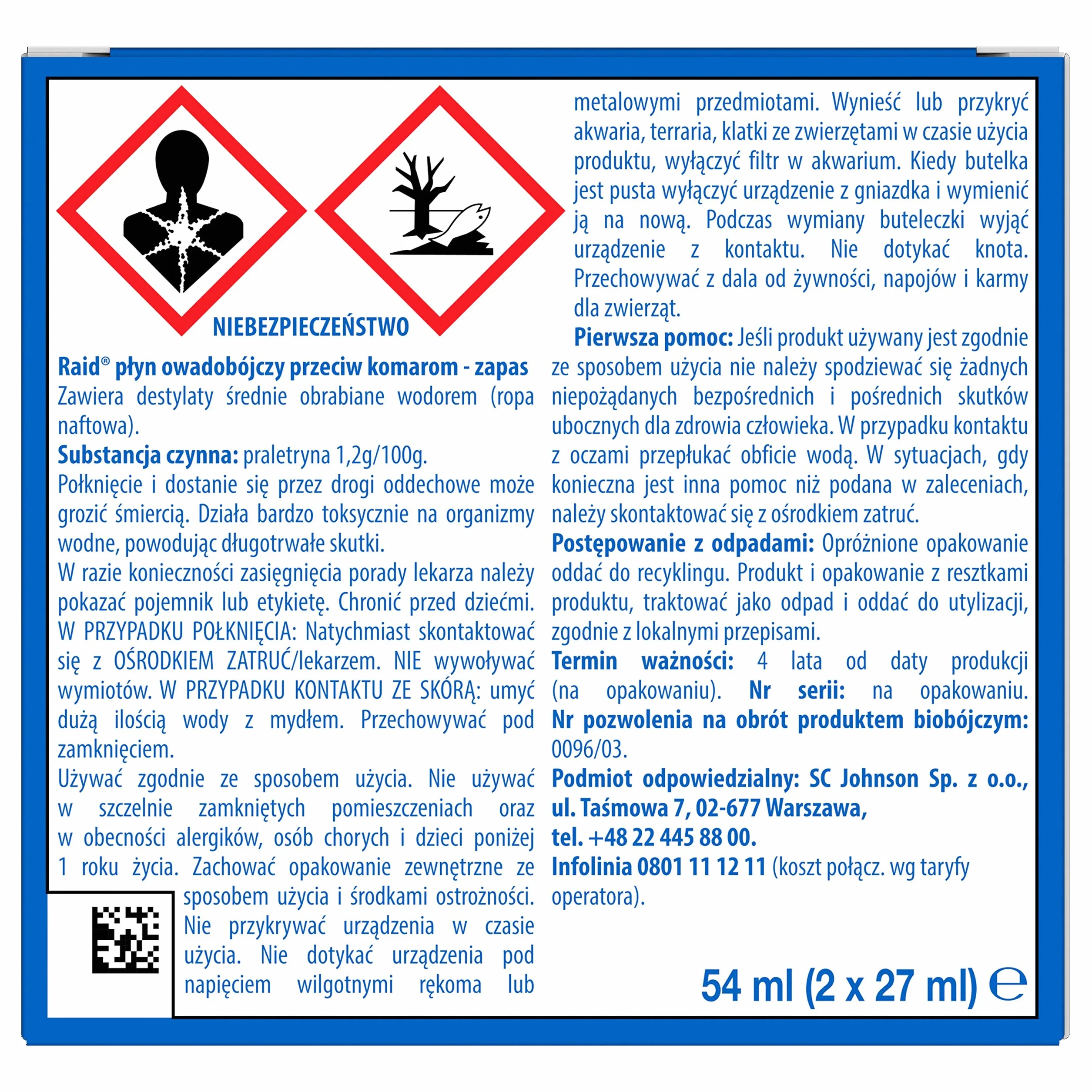 Raid Przeciw Komarom, Wkład z Płynem Owadobójczym, Bezzapachowy, 27 ml, 45 Nocy